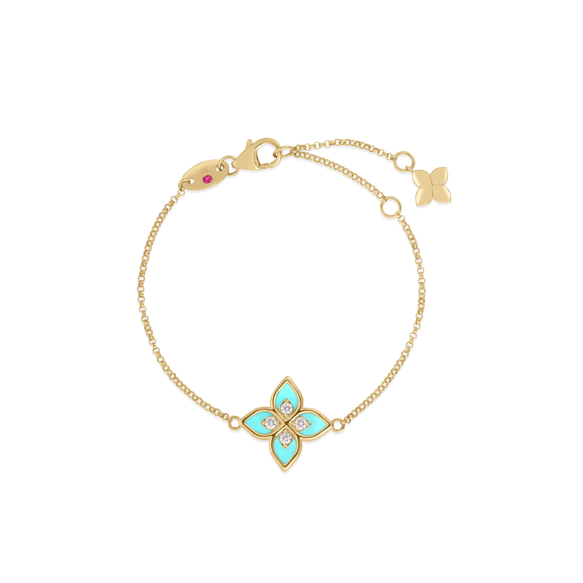 18K YELLOW GOLD VENETIAN PRINCESS DIAMOND & CYAN ENAMEL FLOWER BRACELET