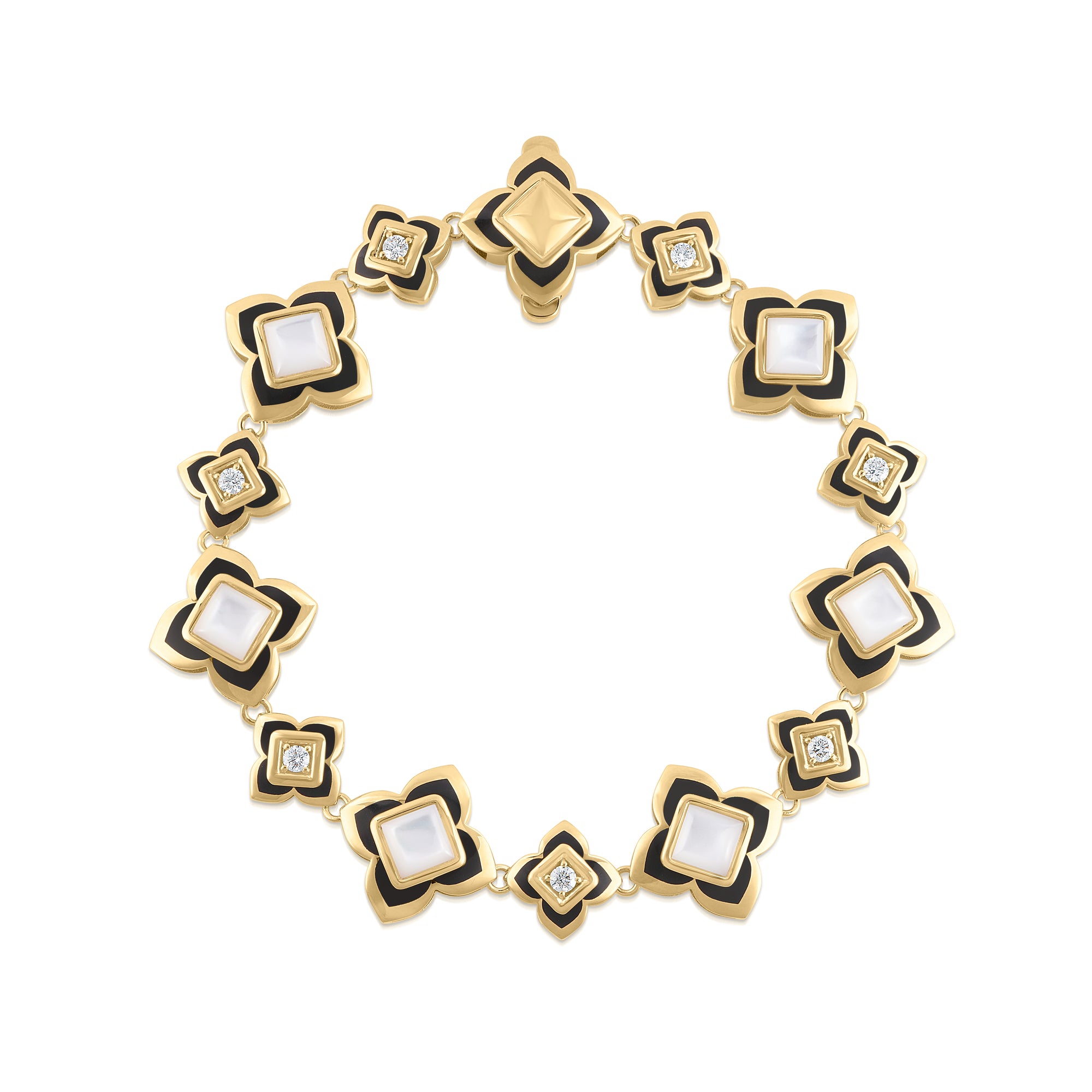 18K YELLOW GOLD PALAZZO DUCALE CARNIVAL BLACK ENAMEL, DIAMOND, & MOTHER OF PEARL FLOWER BRACELET