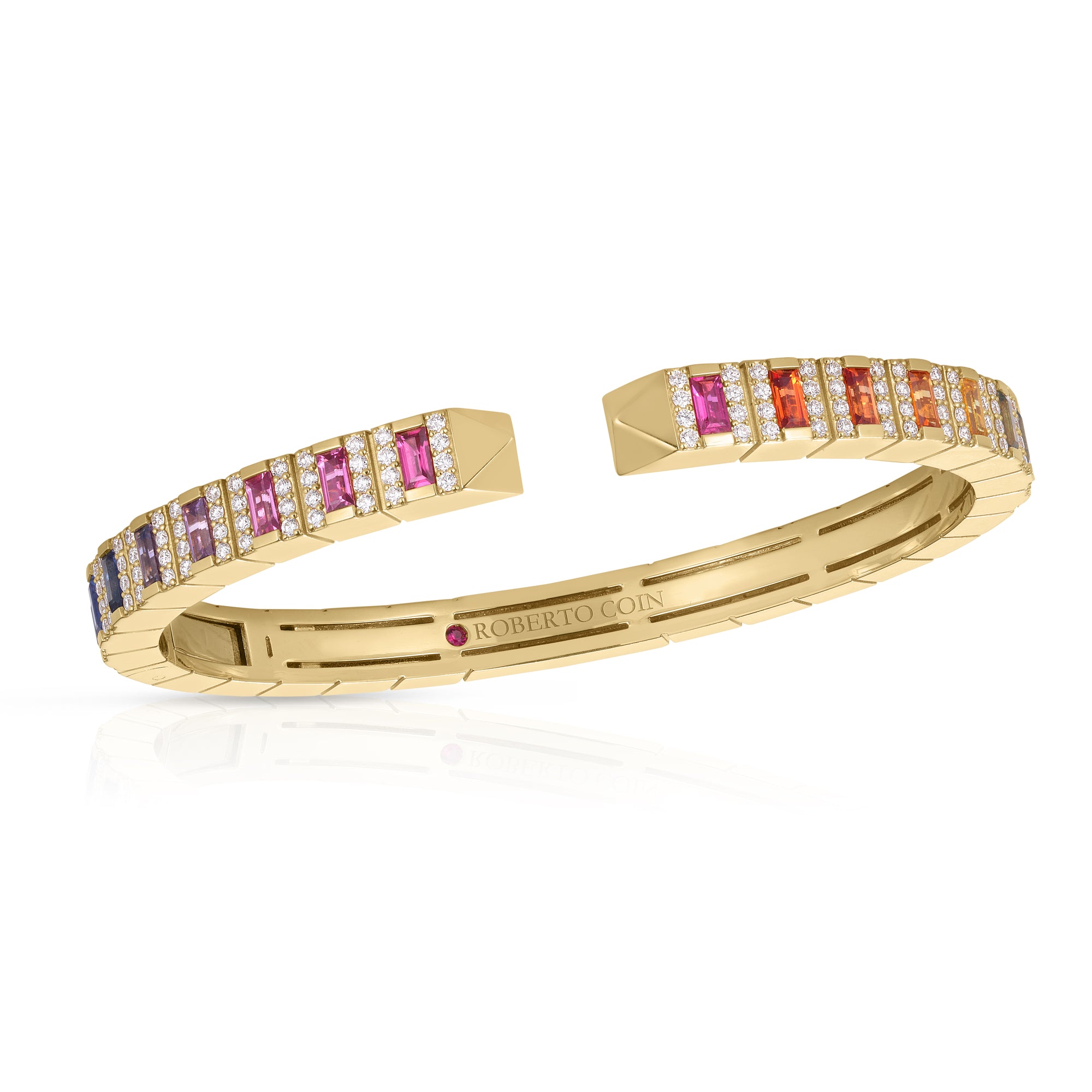 18K YELLOW GOLD OBELISCO PAVE DIAMOND & MIXED SAPPHIRES (BLUE, GREEN, ORANGE, PINK, & YELLOW) BANGLE