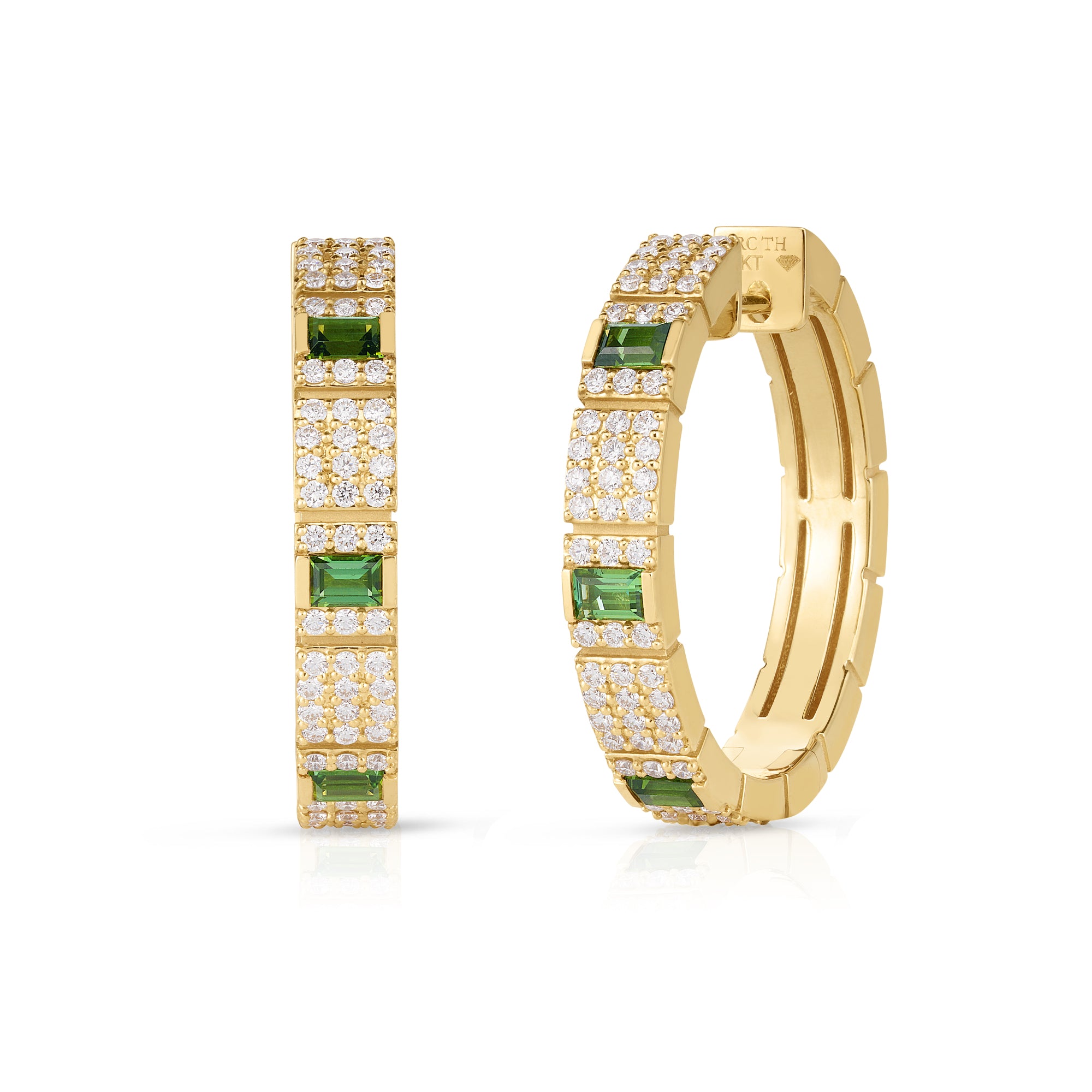 18K YELLOW GOLD OBELISCO PAVE DIAMOND AND GREEN TOURMALINE HOOP EARRINGS