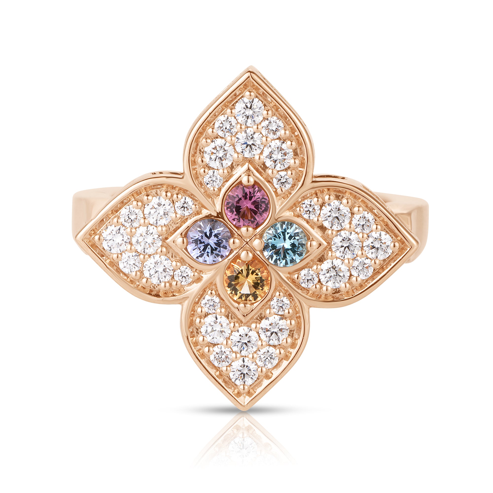 18K ROSE GOLD VENETIAN PRINCESS CARNIVAL PAVE DIAMOND & MIXED STONES (BLUE TOPAZ, CITRINE, RUBELLITE, & TANZANITE) LARGE FLOWER RING