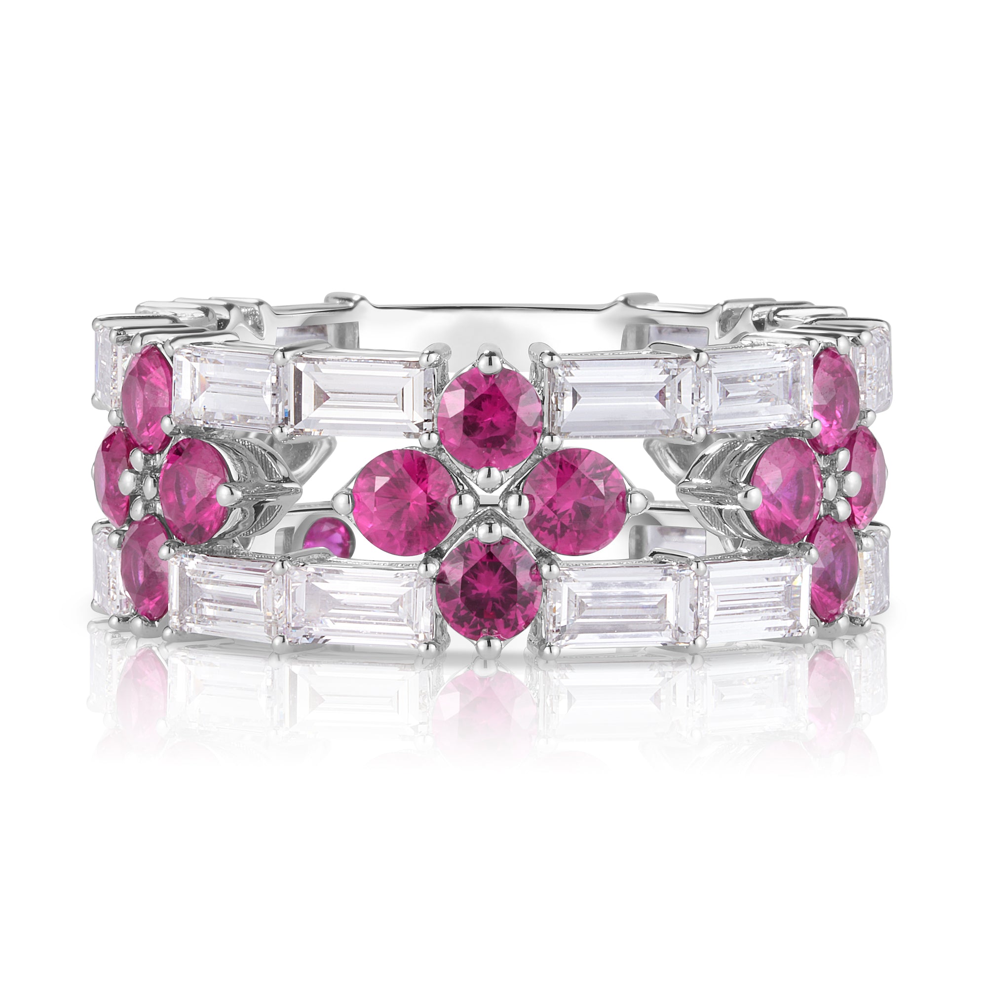 18K WHITE GOLD LOVE IN VERONA DIAMOND AND RUBY OPEN FRAME RING