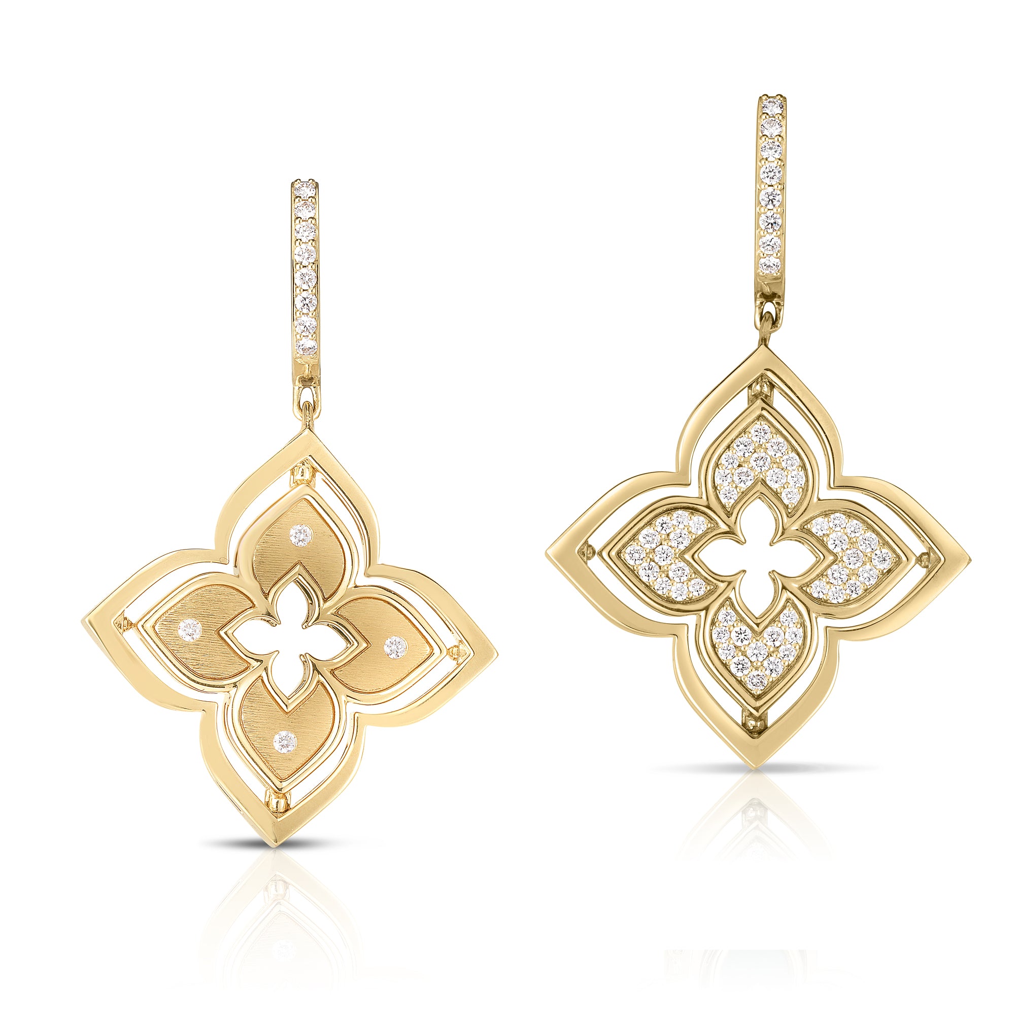 18K YELLOW GOLD VENETIAN PRINCESS PIROUETTE SATIN FINISH & PAVE DIAMOND FLOWER DROP EARRINGS