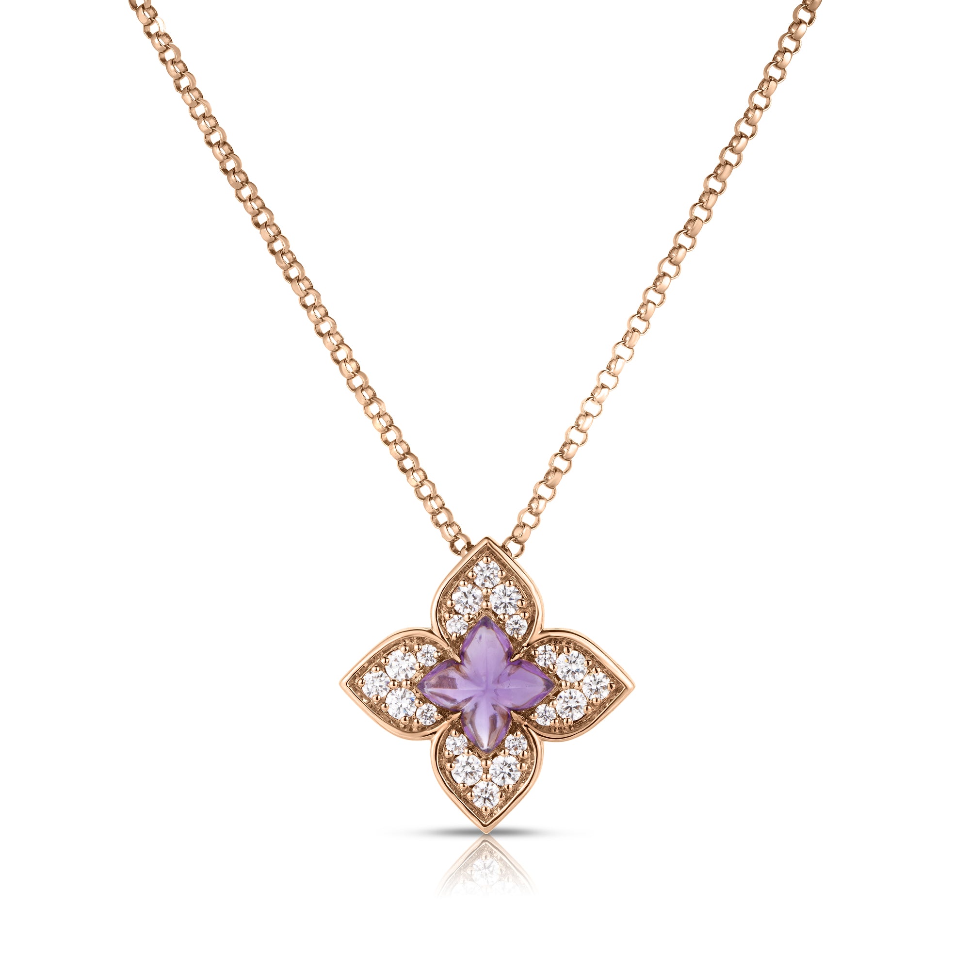 18K ROSE GOLD VENETIAN PRINCESS CARNIVAL PAVE DIAMOND & AMETHYST SMALL FLOWER NECKLACE