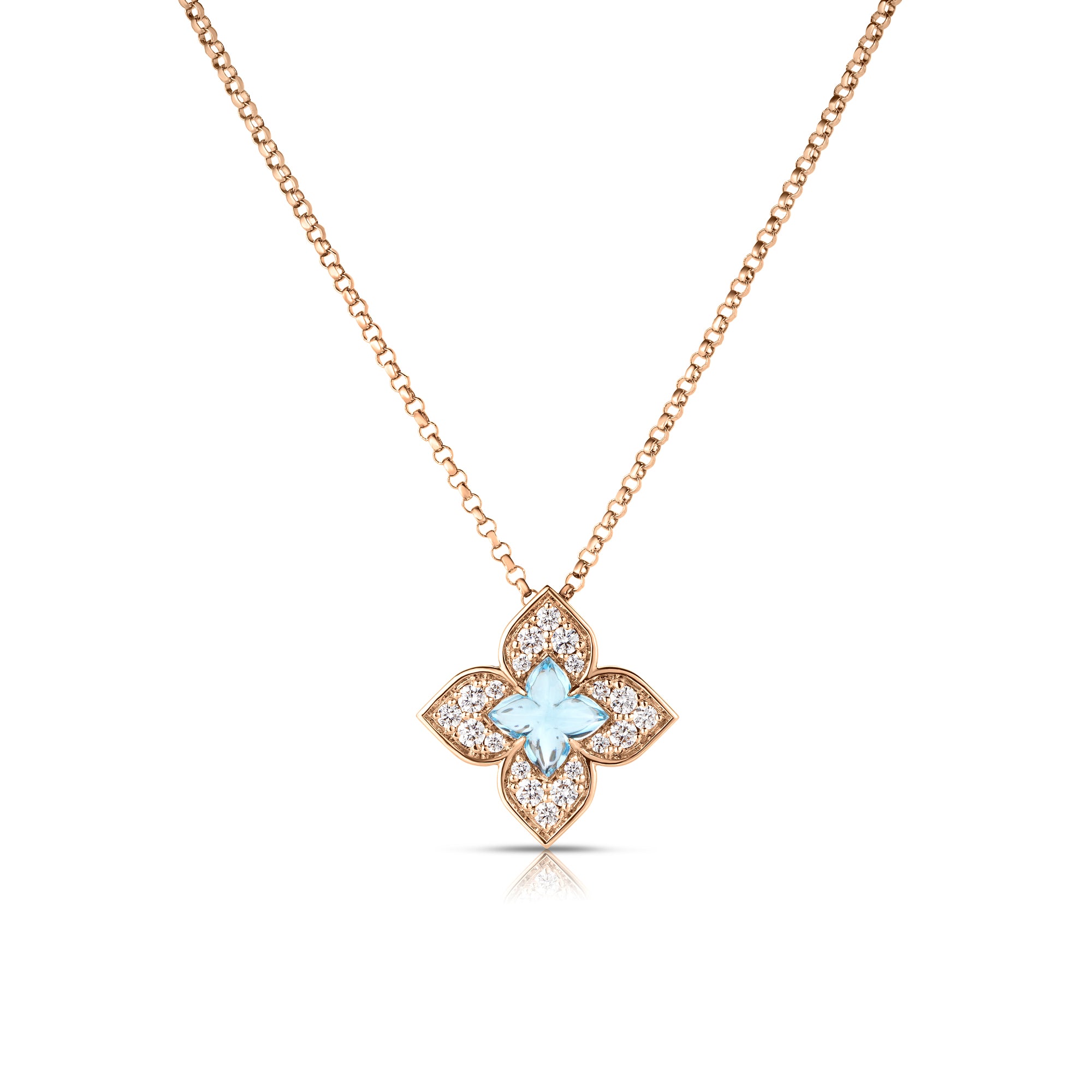 18K ROSE GOLD VENETIAN PRINCESS CARNIVAL PAVE DIAMOND & BLUE TOPAZ SMALL FLOWER NECKLACE