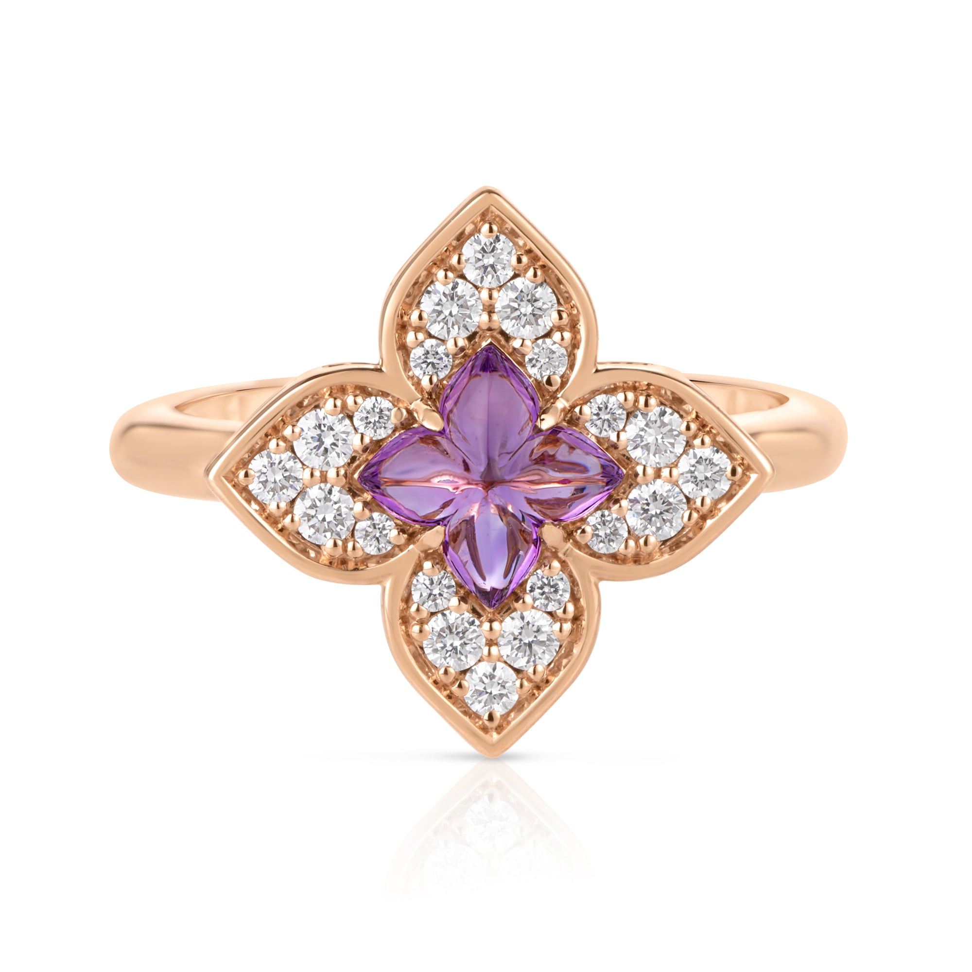 18K ROSE GOLD VENETIAN PRINCESS CARNIVAL PAVE DIAMOND & AMETHYST SMALL FLOWER RING