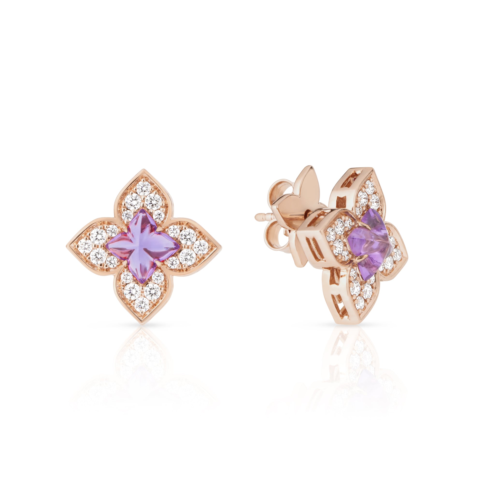 18K ROSE GOLD VENETIAN PRINCESS CARNIVAL PAVE DIAMOND & AMETHYST SMALL FLOWER STUD EARRINGS