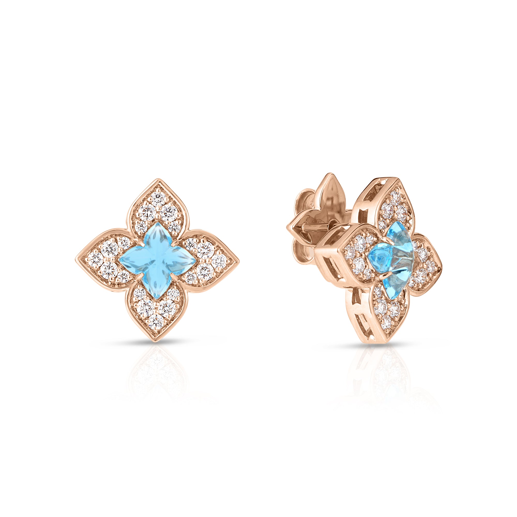 18K ROSE GOLD VENETIAN PRINCESS CARNIVAL PAVE DIAMOND & BLUE TOPAZ SMALL FLOWER STUD EARRINGS