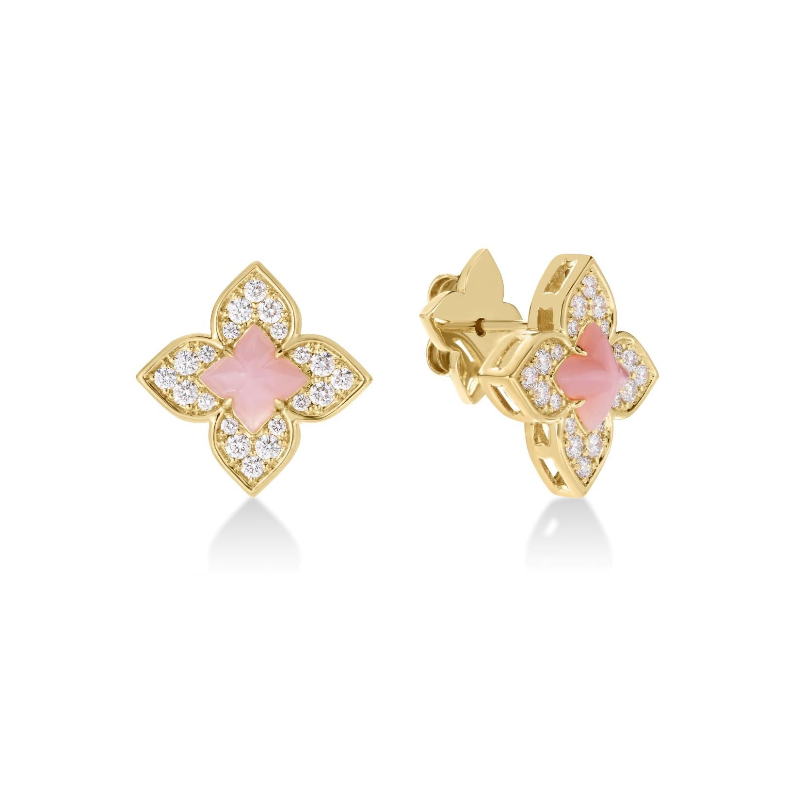 18K YELLOW GOLD VENETIAN PRINCESS CARNIVAL DIAMOND & PINK OPAL FLOWER STUD EARRINGS