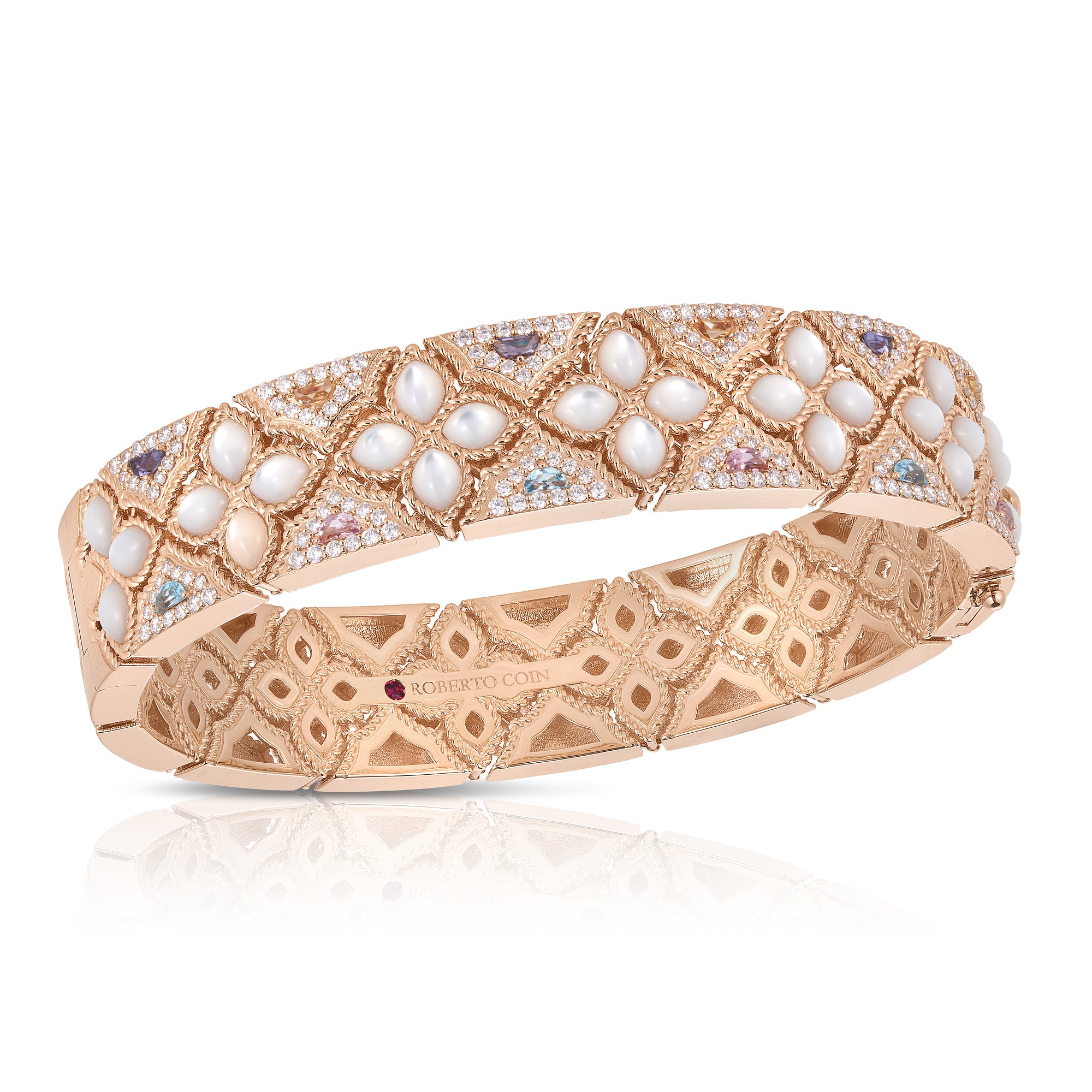 18K ROSE GOLD VENETIAN PRINCESS CARNIVAL DIAMOND, MOTHER OF PEARL, & MIXED STONES (BLUE TOPAZ, CITRINE, IOLITE, & PINK TOURMALINE) FLOWER BANGLE