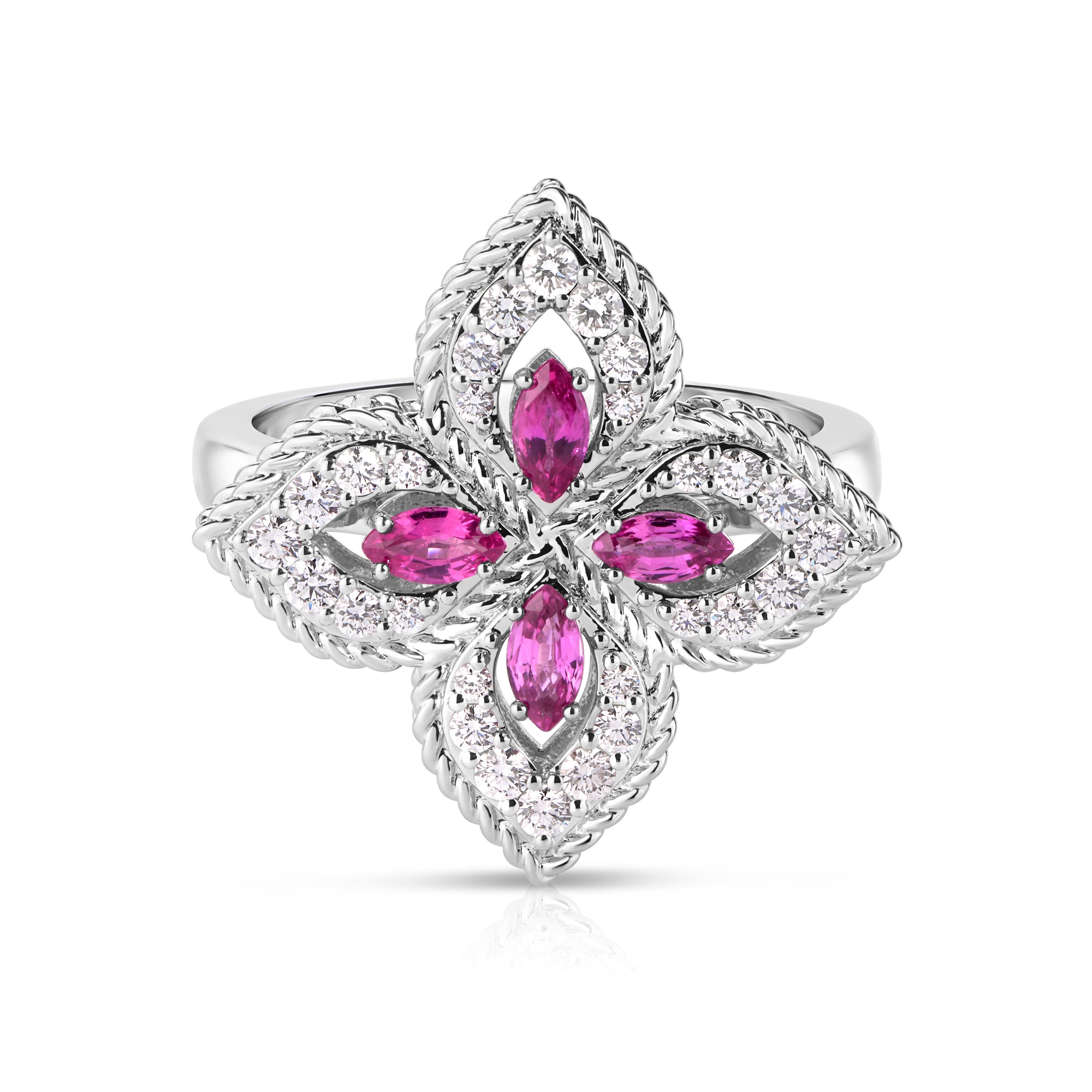18K WHITE GOLD PRINCESS FLOWER PAVE DIAMOND AND PINK SAPPHIRE RING
