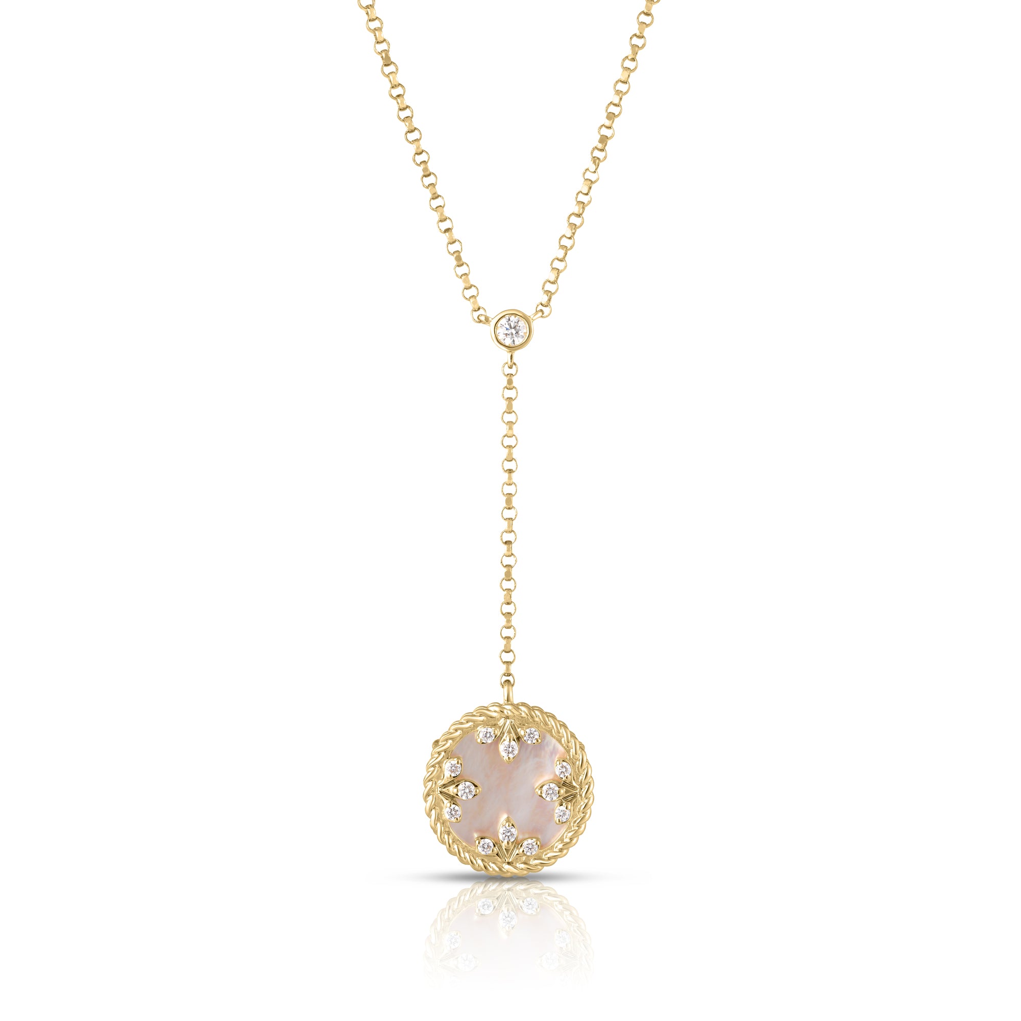 18K YELLOW GOLD VENETIAN MEDALLIONS SMALL DIAMOND AND MOTHER OF PEARL DANGLE NECKLACE