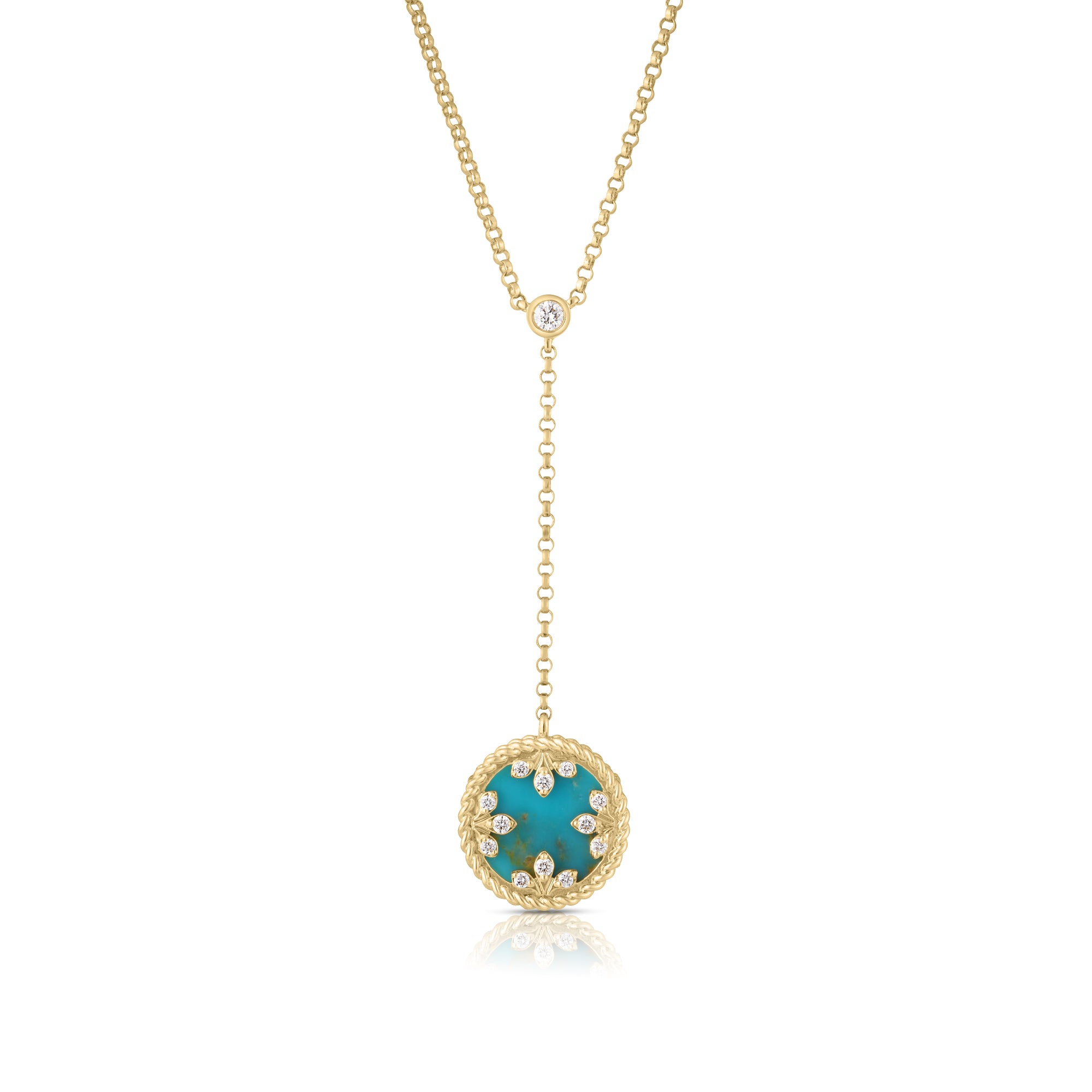 18K YELLOW GOLD VENETIAN MEDALLIONS SMALL DIAMOND AND TURQUOISE DANGLE NECKLACE