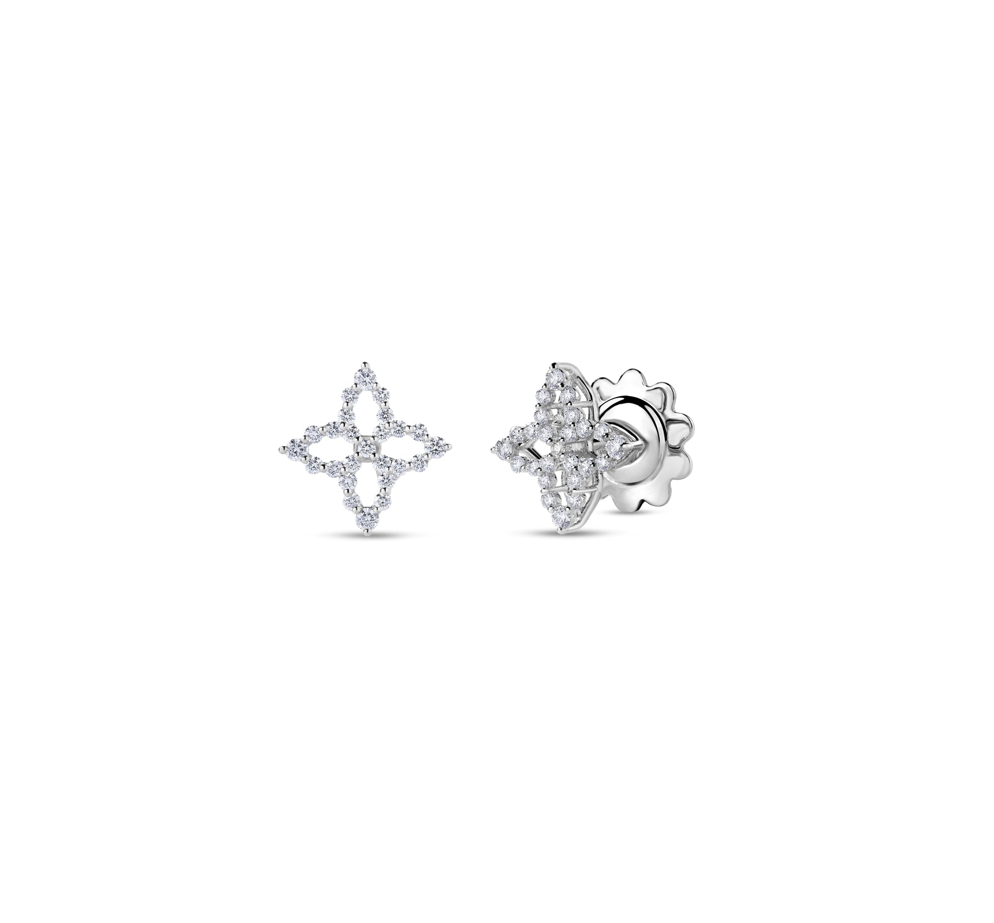 18K WHITE GOLD DIAMOND PRINCESS OUTLINE SMALL FLOWER STUD EARRINGs