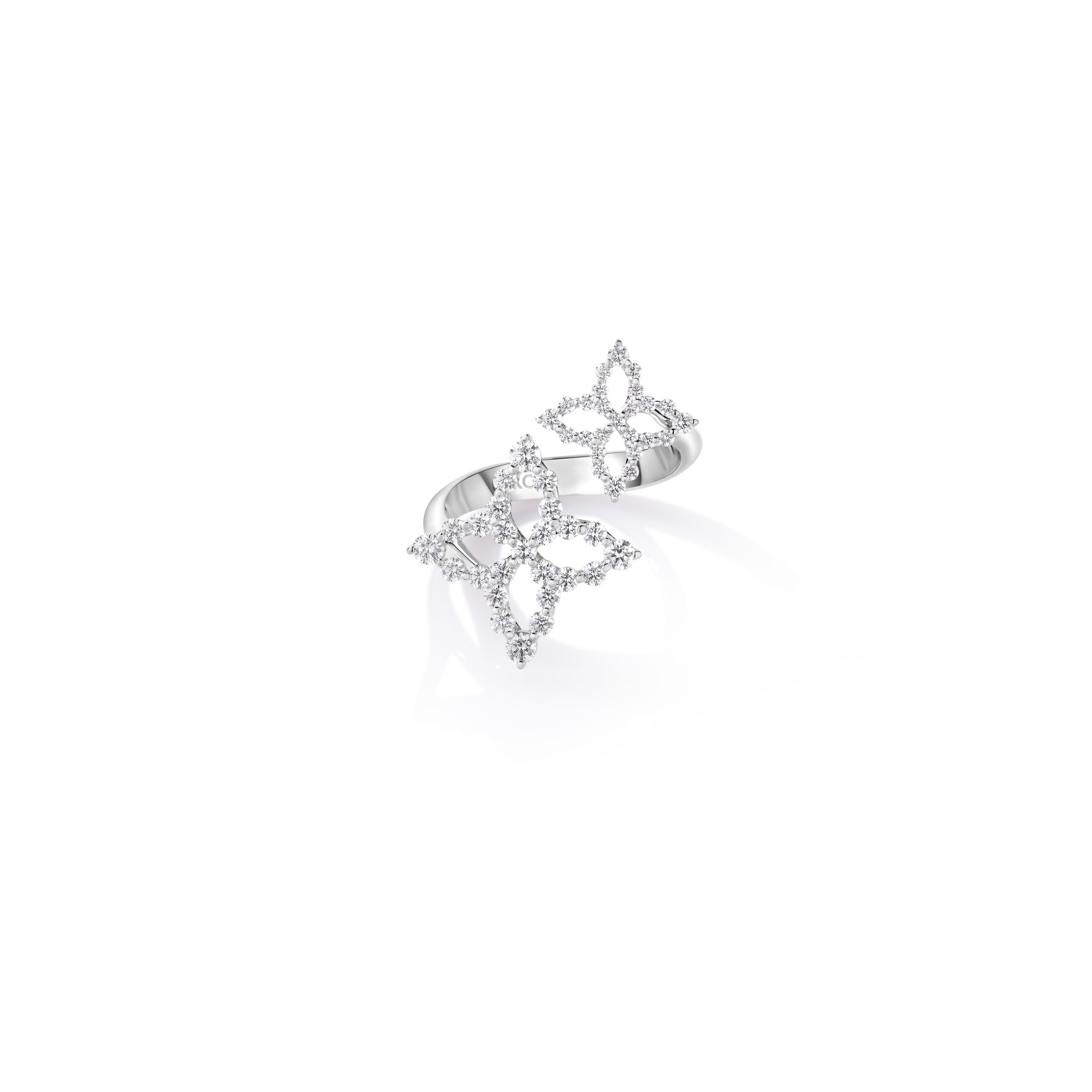 18K WHITE GOLD DIAMOND PRINCESS OUTLINE FLOWER BYPASS RING