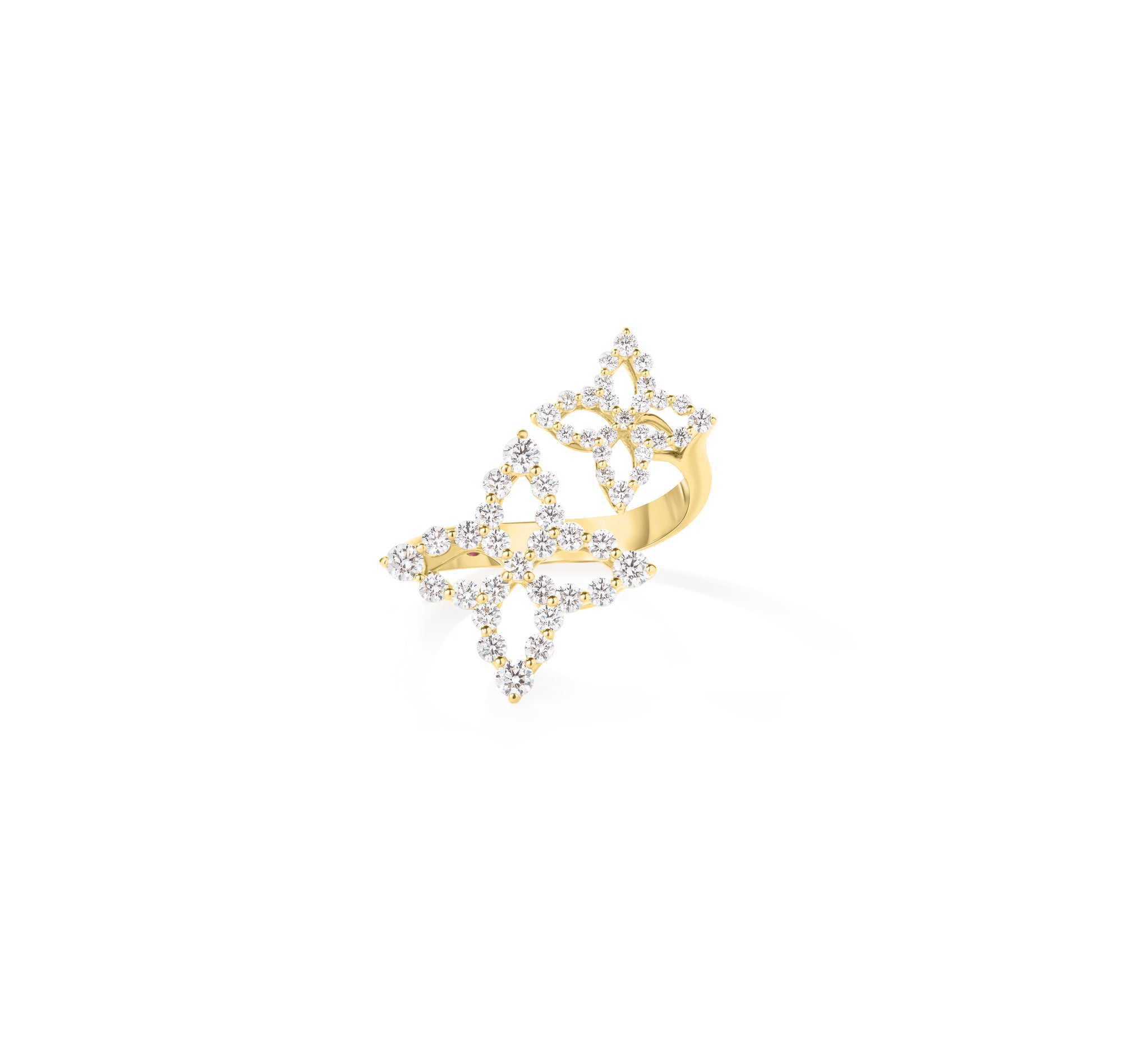 18K YELLOW GOLD DIAMOND PRINCESS OUTLINE FLOWER BYPASS RING