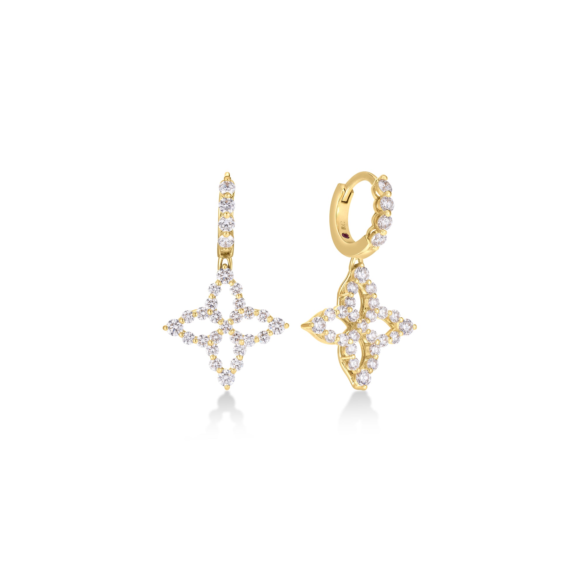 18K YELLOW GOLD DIAMOND PRINCESS OUTLINE FLOWER DROP EARRINGS