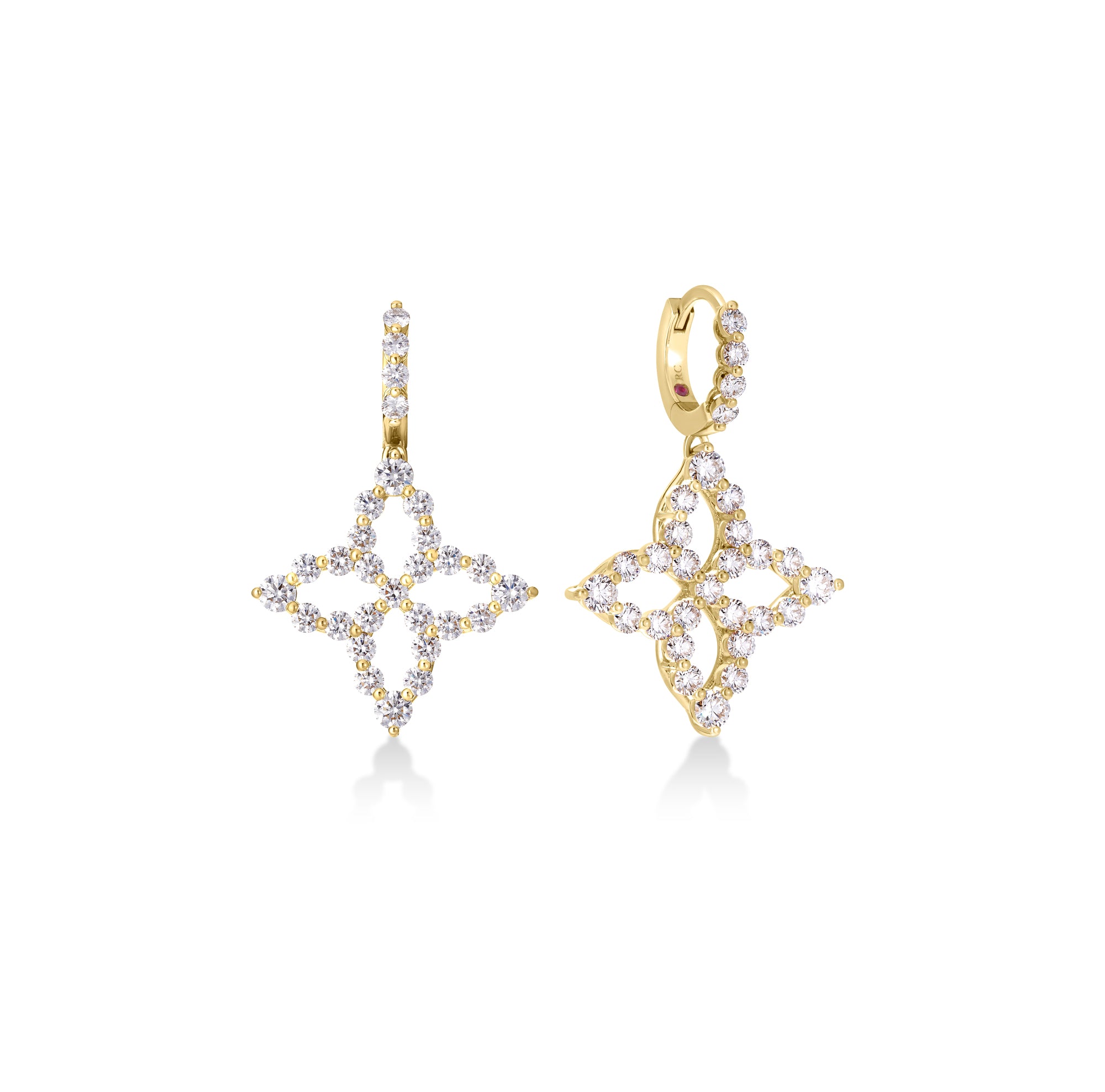 18K YELLOW GOLD DIAMOND PRINCESS OUTLINE LARGE FLOWER DROP EARRINGS