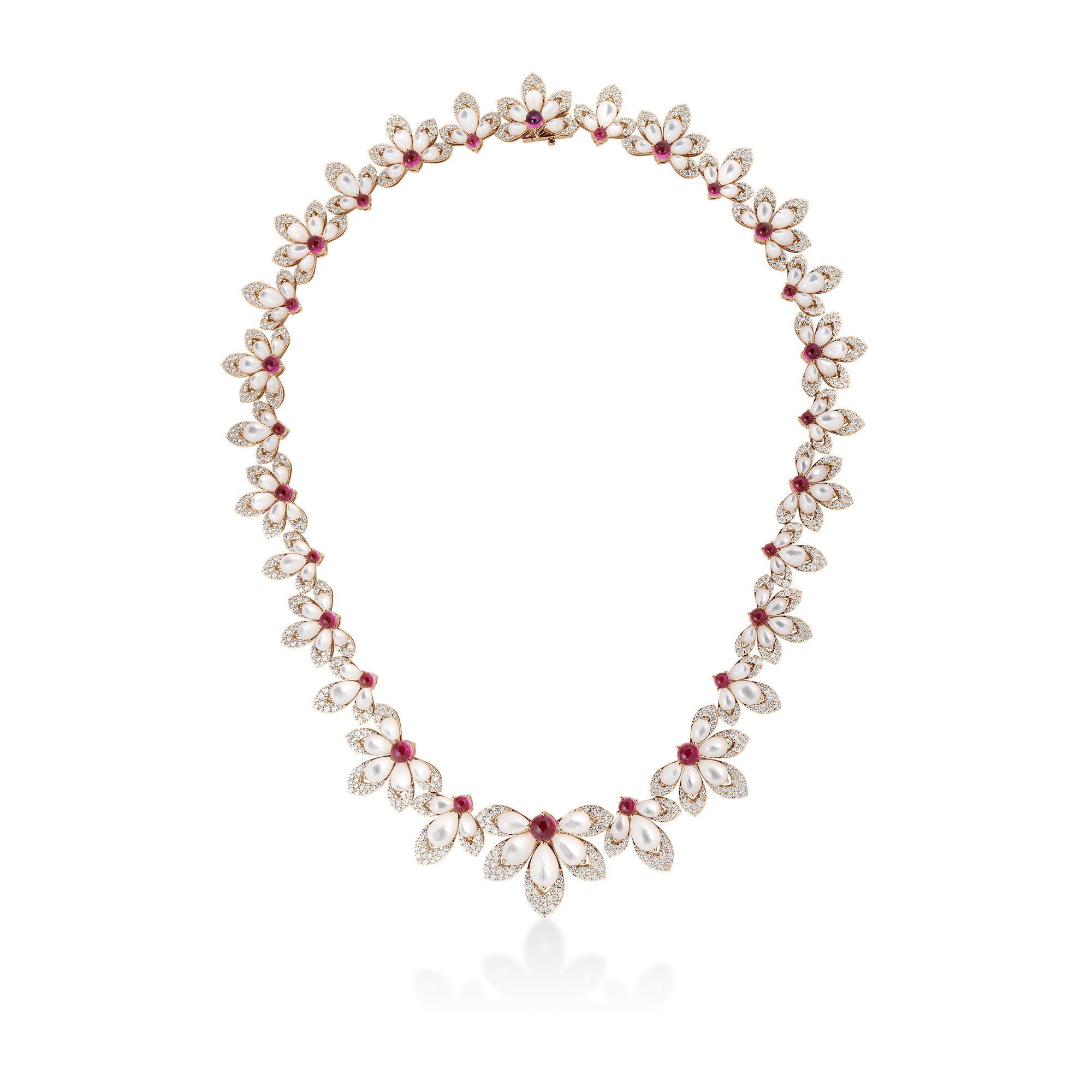 18K ROSE GOLD TIARE' DIAMOND, RUBELLITE, & MOTHER OF PEARL COLLAR NECKLACE