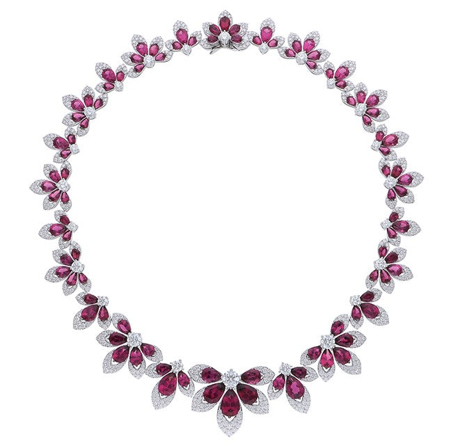 18K WHITE GOLD TIARE' PAVE DIAMOND RUBELLITE FLOWER COLLAR NECKLACE