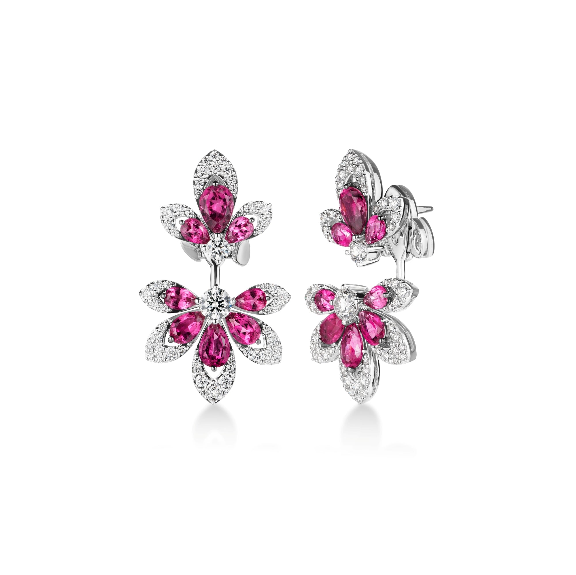 18K WHITE GOLD TIARE' PAVE DIAMOND & RUBELLITE RUBY FLOWER DROP EARRINGS