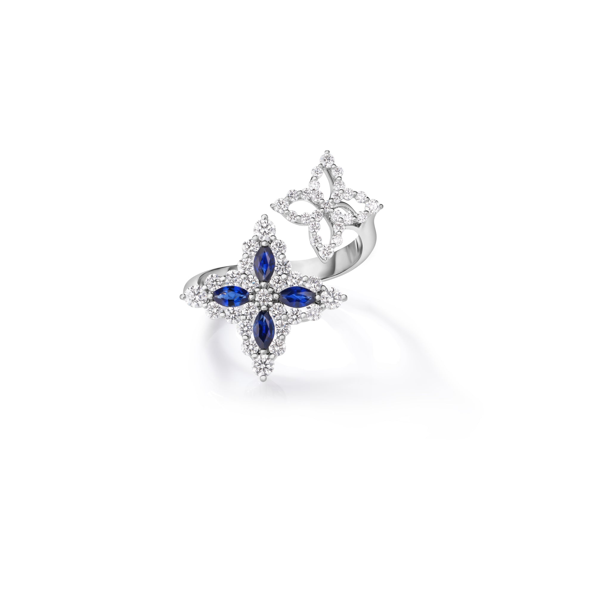 18K WHITE GOLD DIAMOND PRINCESS BLUE SAPPHIRE FLOWER BYPASS RING