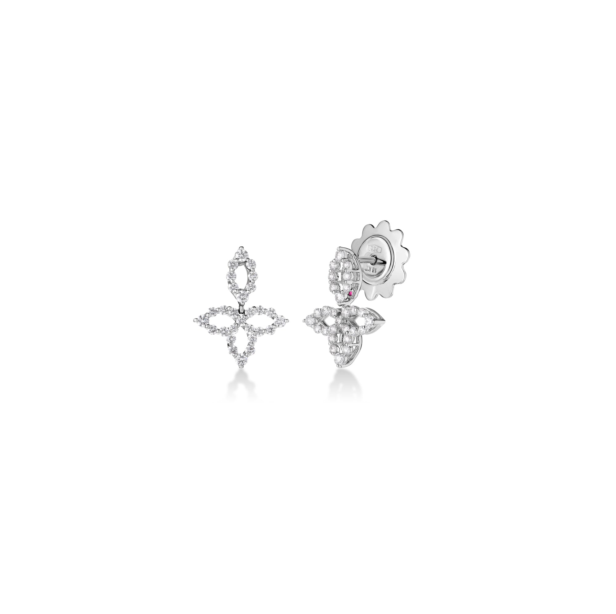 18K WHITE GOLD DIAMOND PRINCESS OUTLINE SPLIT PETAL FLOWER STUD EARRINGS
