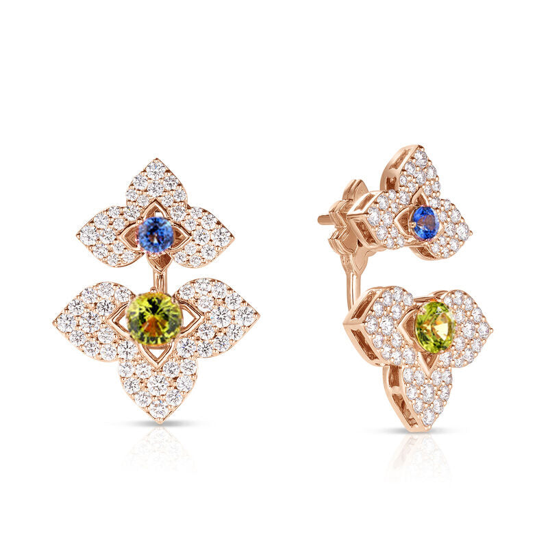 18K ROSE GOLD VENETIAN PRINCESS CARNIVAL PAVE DIAMOND & MIXED STONES (BLUE SAPPHIRE & PERIDOT) CUT FLOWER DROP EARRINGS