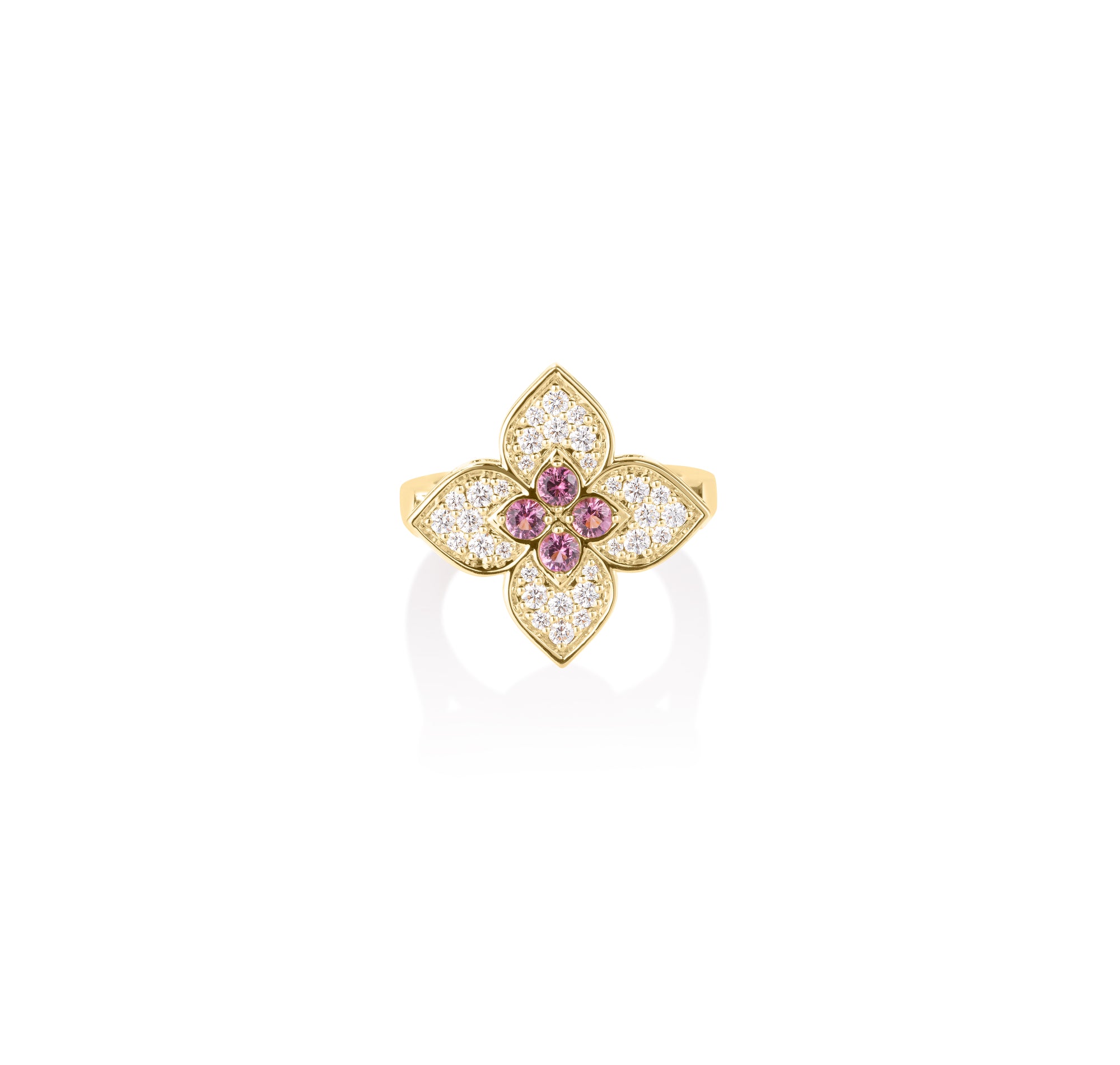 18K YELLOW GOLD VENETIAN PRINCESS CARNIVAL DIAMOND & RUBELLITE LARGE FLOWER RING