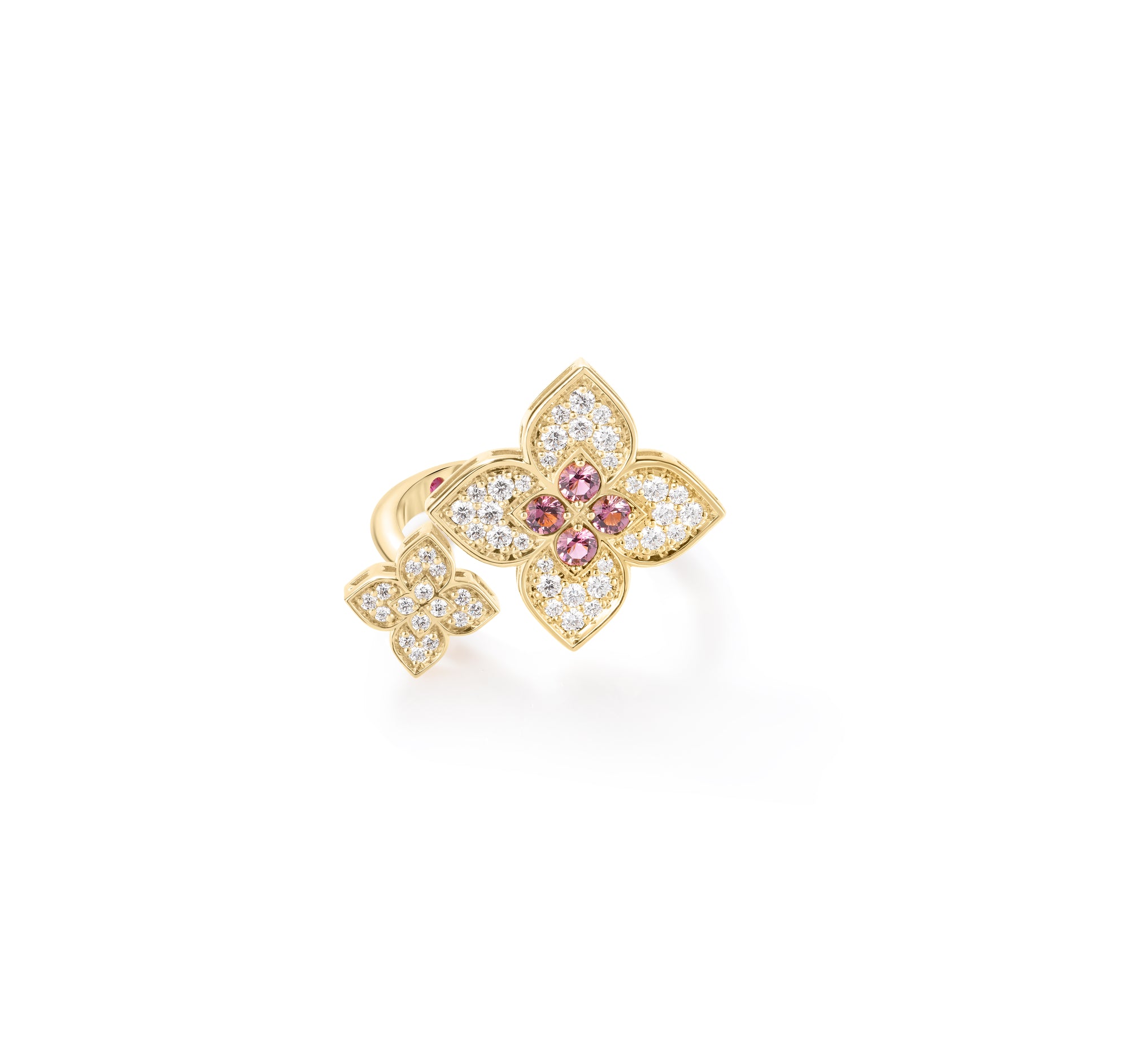 18K YELLOW GOLD VENETIAN PRINCESS CARNIVAL DIAMOND & RUBELLITE DOUBLE FLOWER RING