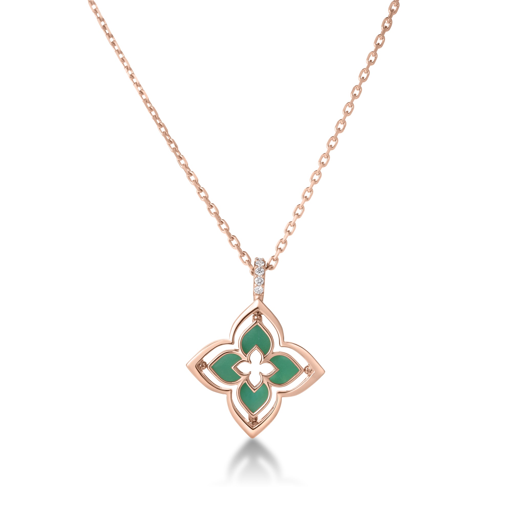 18K ROSE GOLD VENETIAN PRINCESS PIROUETTE PAVE DIAMOND & CHRYSOPRASE SMALL FLOWER NECKLACE