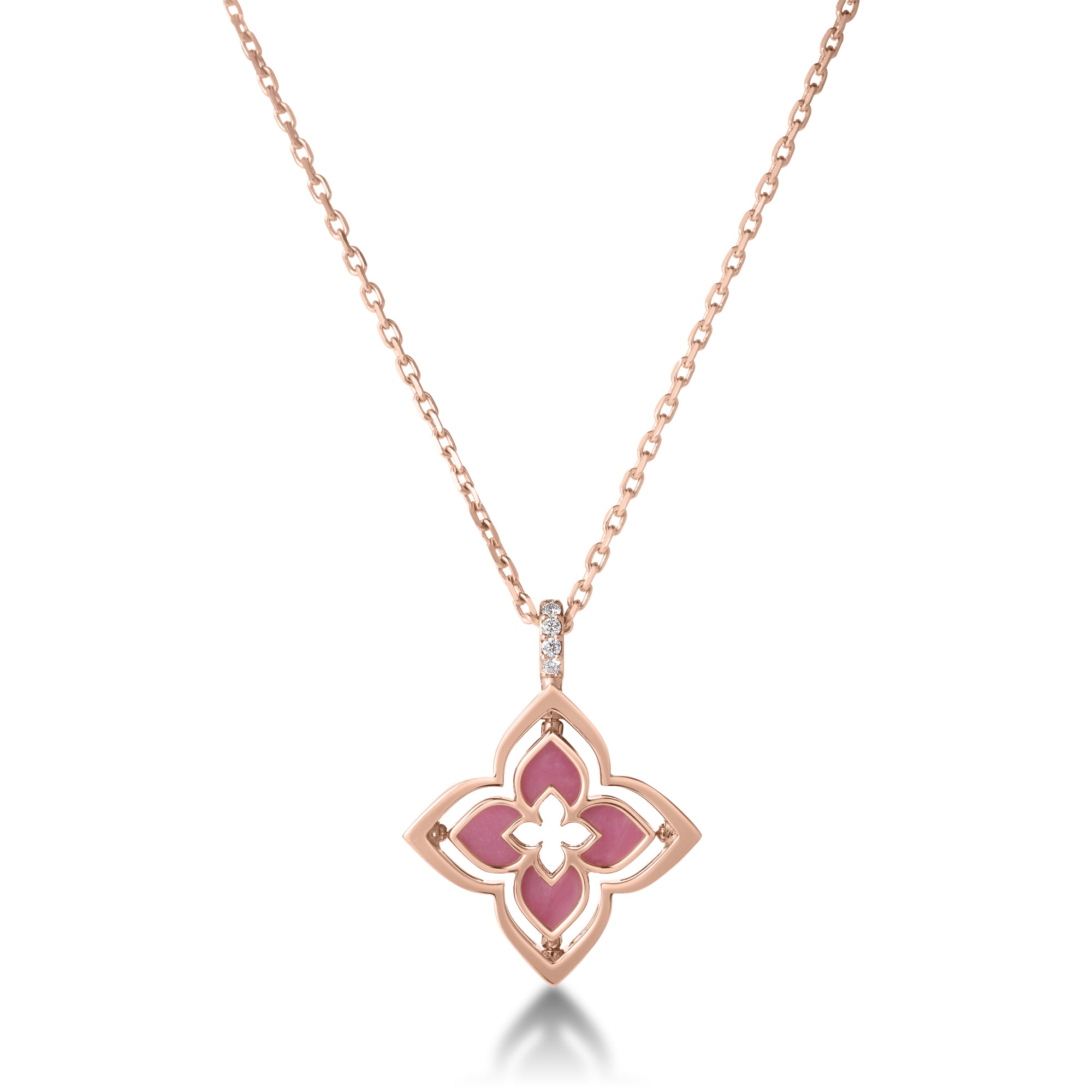 18K ROSE GOLD VENETIAN PRINCESS PIROUETTE PAVE DIAMOND & RHODOITE SMALL FLOWER NECKLACE
