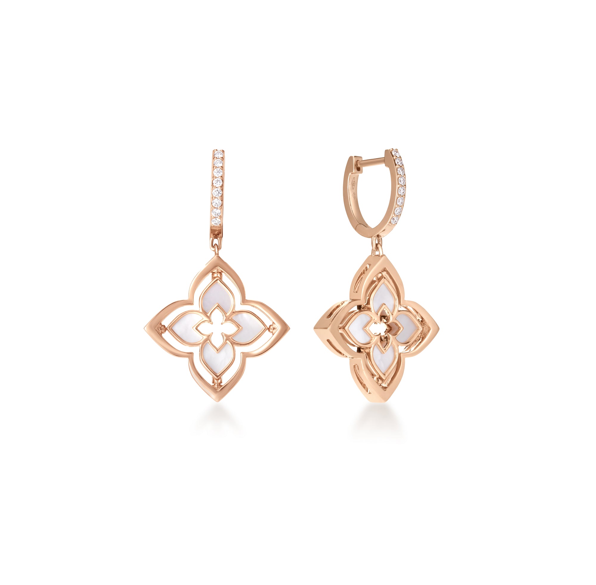 18K ROSE GOLD VENETIAN PRINCESS PIROUETTE SMALL PAVE DIAMOND & MOTHER OF PEARL FLOWER DROP EARRINGS