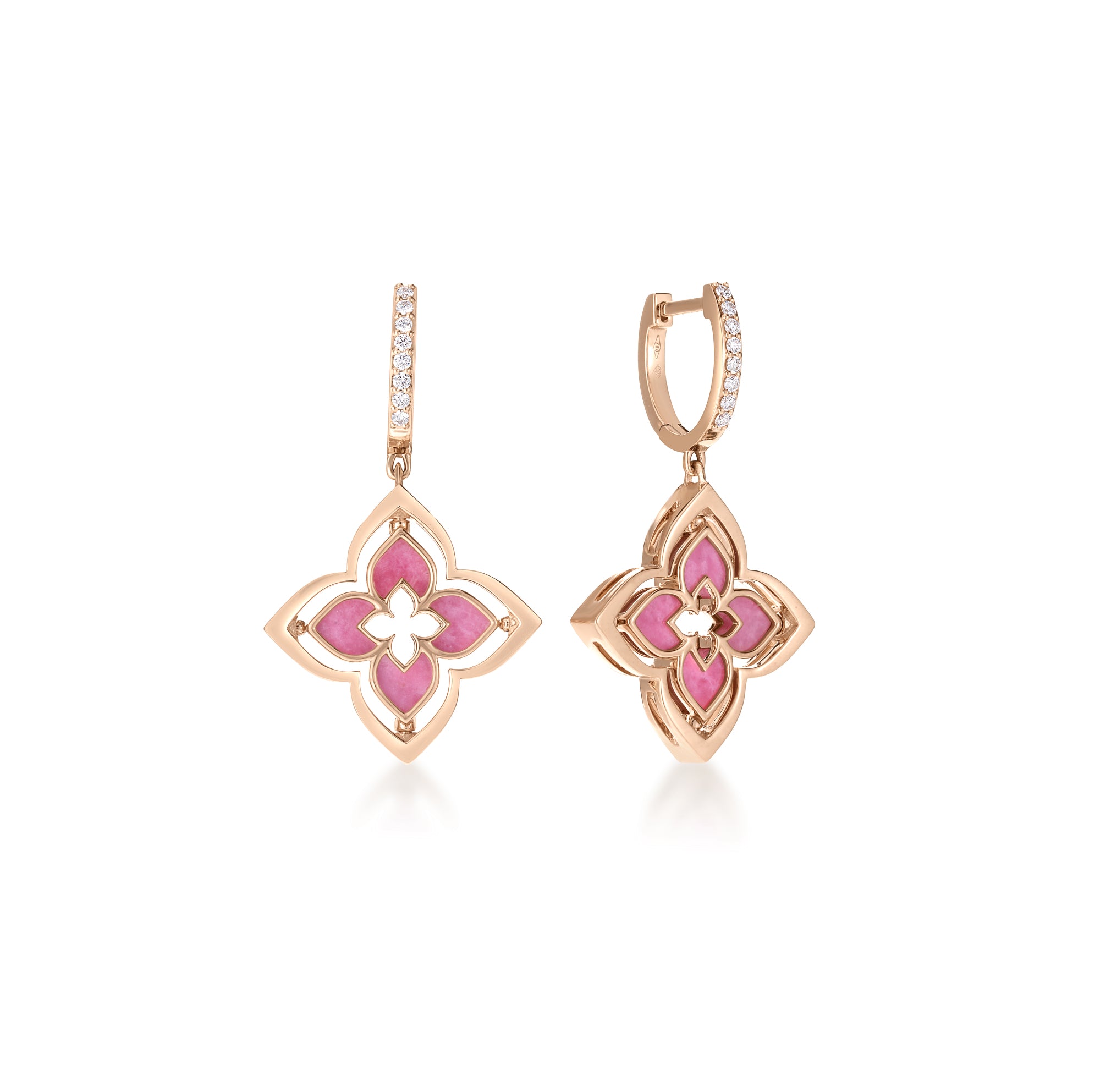 18K ROSE GOLD VENETIAN PRINCESS PIROUETTE SMALL PAVE DIAMOND & RHODOITE FLOWER DROP EARRINGS