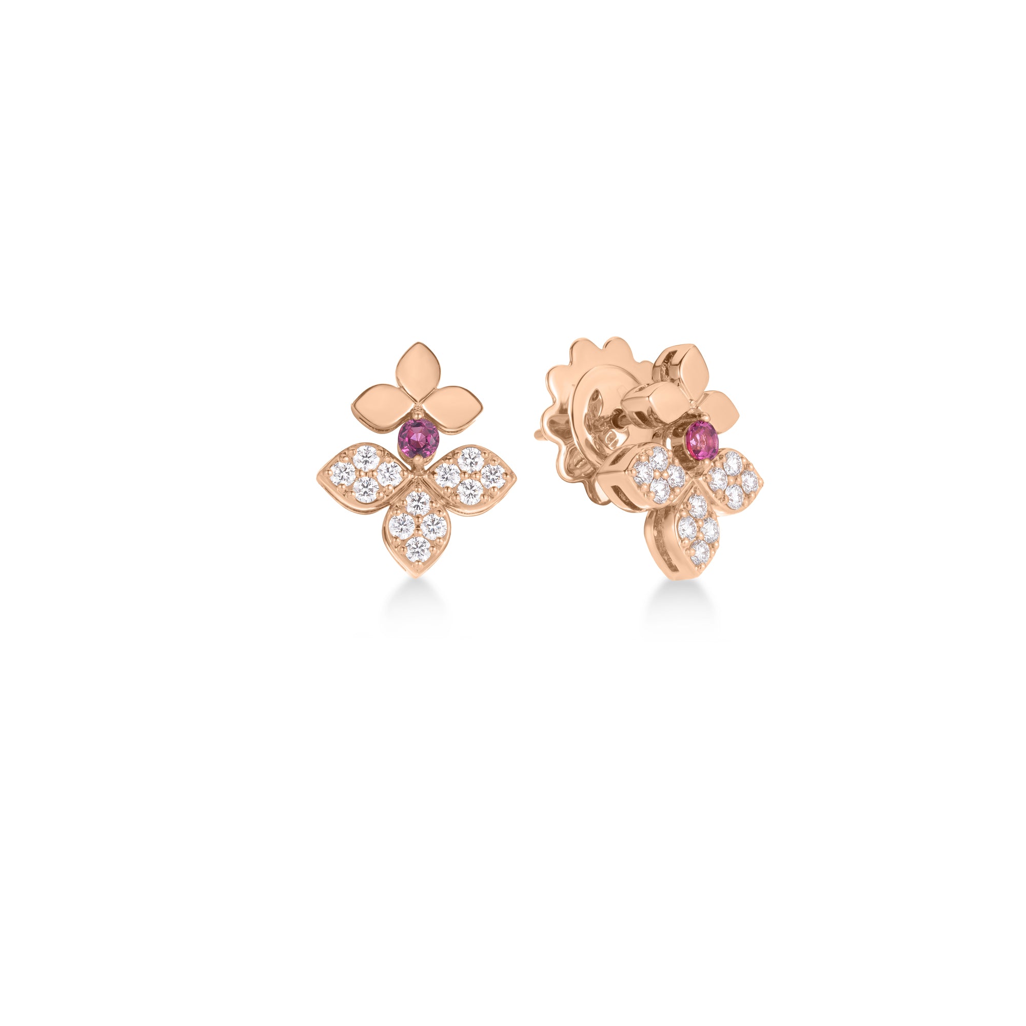 18K ROSE GOLD LOVE IN VERONA DIAMOND & RUBELLITE SPLIT FLOWER STUD EARRINGS