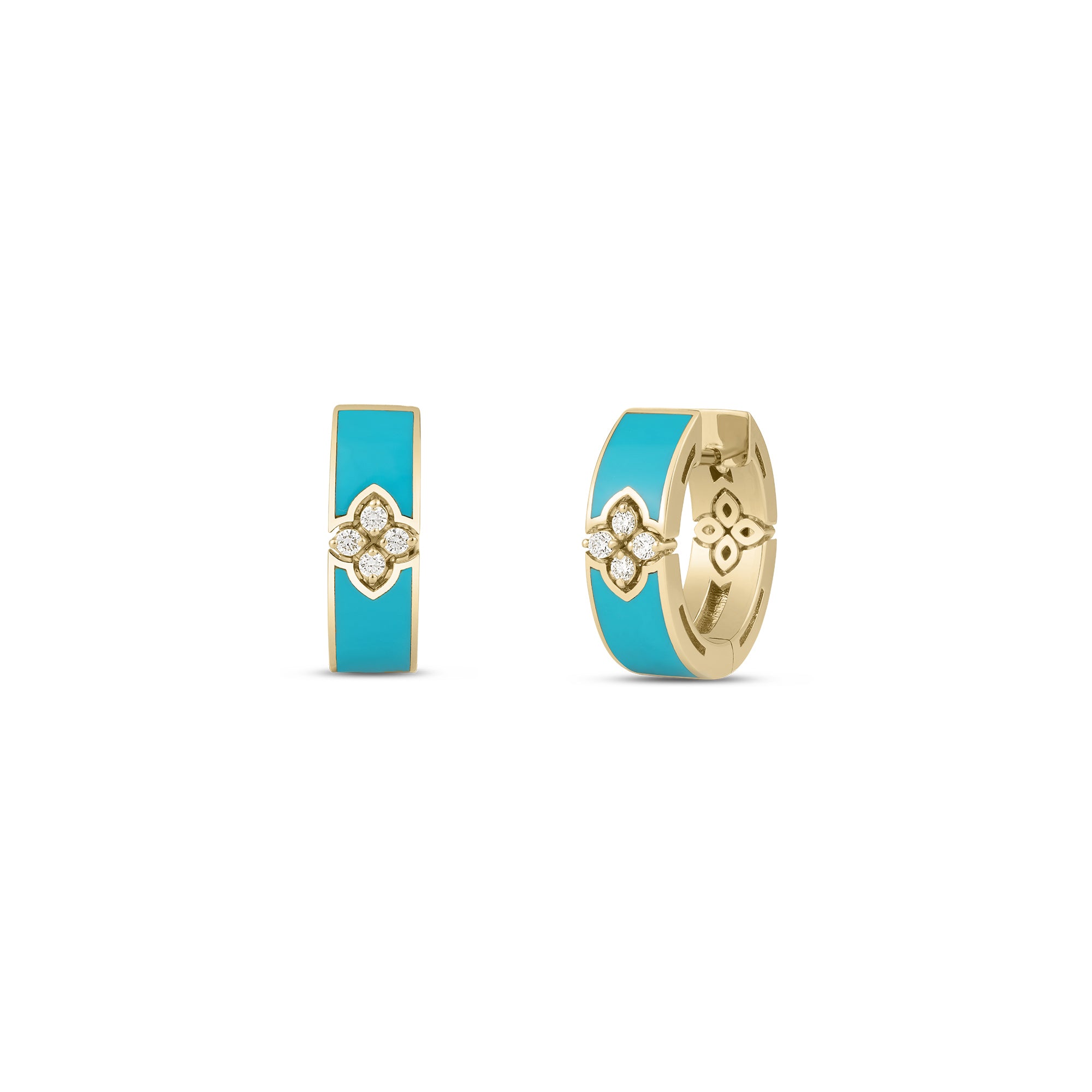 18K YELLOW GOLD LOVE IN VERONA DIAMOND & CYAN ENAMEL HOOP EARRINGS