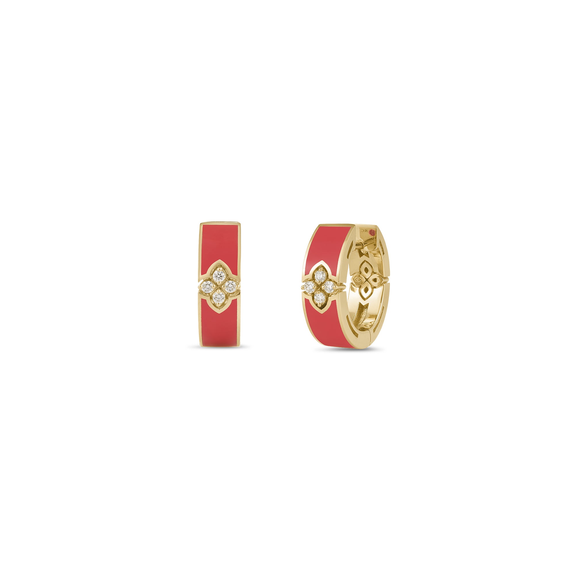 18K YELLOW GOLD LOVE IN VERONA DIAMOND & CORAL ENAMEL HOOP EARRINGS