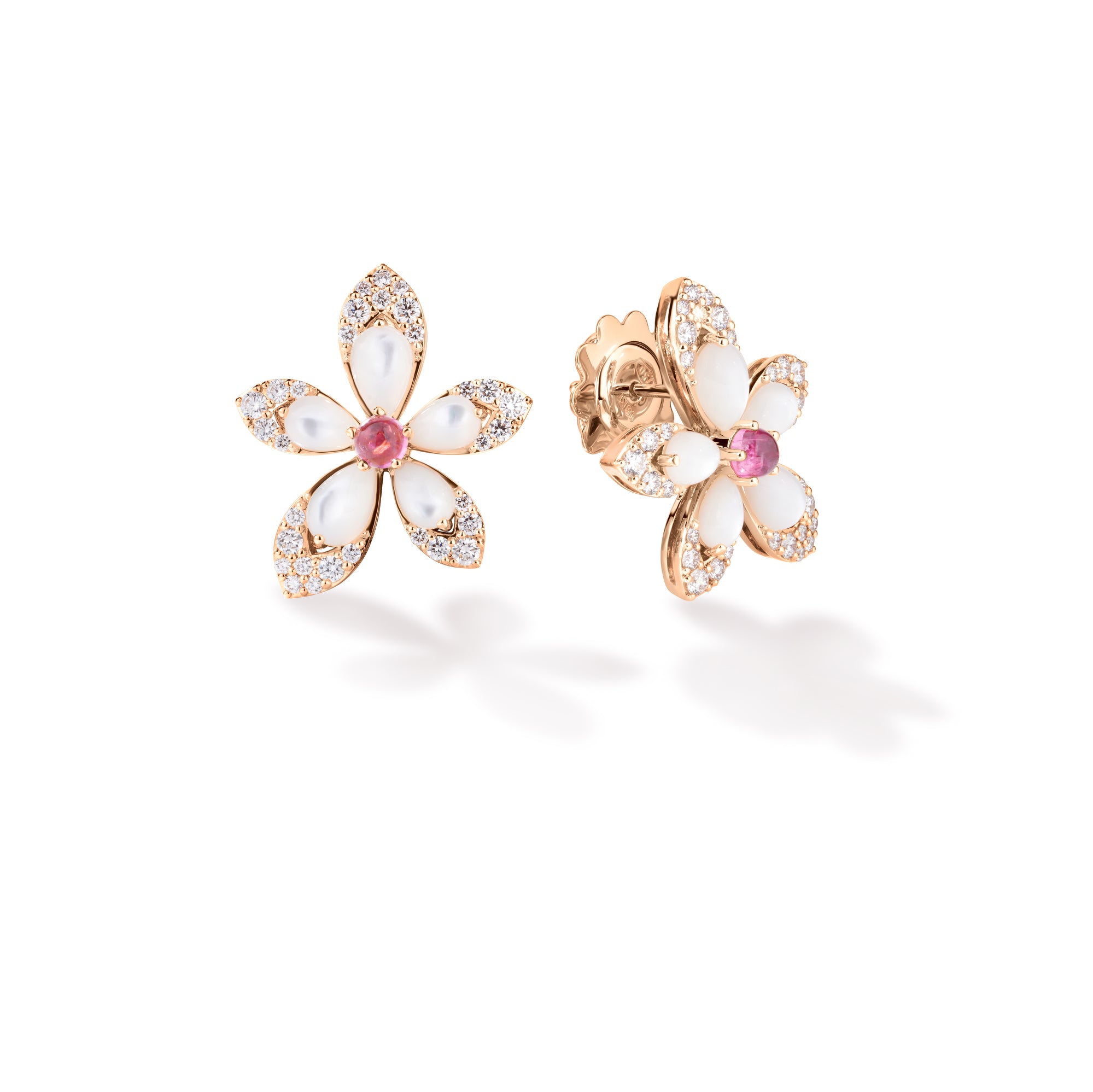 18K ROSE GOLD TIARE' DIAMOND, RUBELLITE, & MOTHER OF PEARL FLOWER STUD EARRINGS
