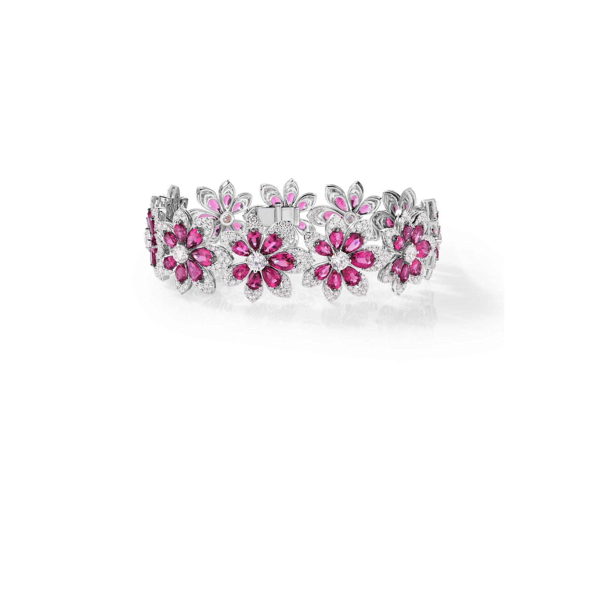 18K WHITE GOLD TIARE' PAVE DIAMOND & RUBELLITE FLOWER BRACELET