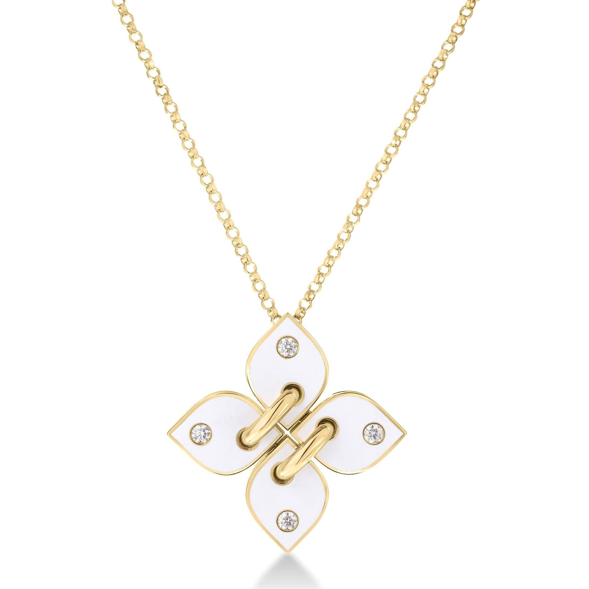 18K YELLOW GOLD LOVE IN VERONA FILO DIAMOND & WHITE ENAMEL FLOWER NECKLACE