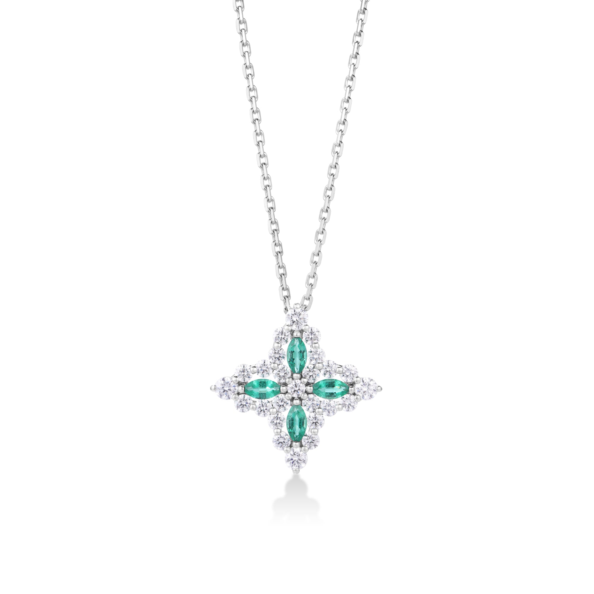 18K WHITE GOLD PRINCESS DIAMOND EMERALD FLOWER NECKLACE