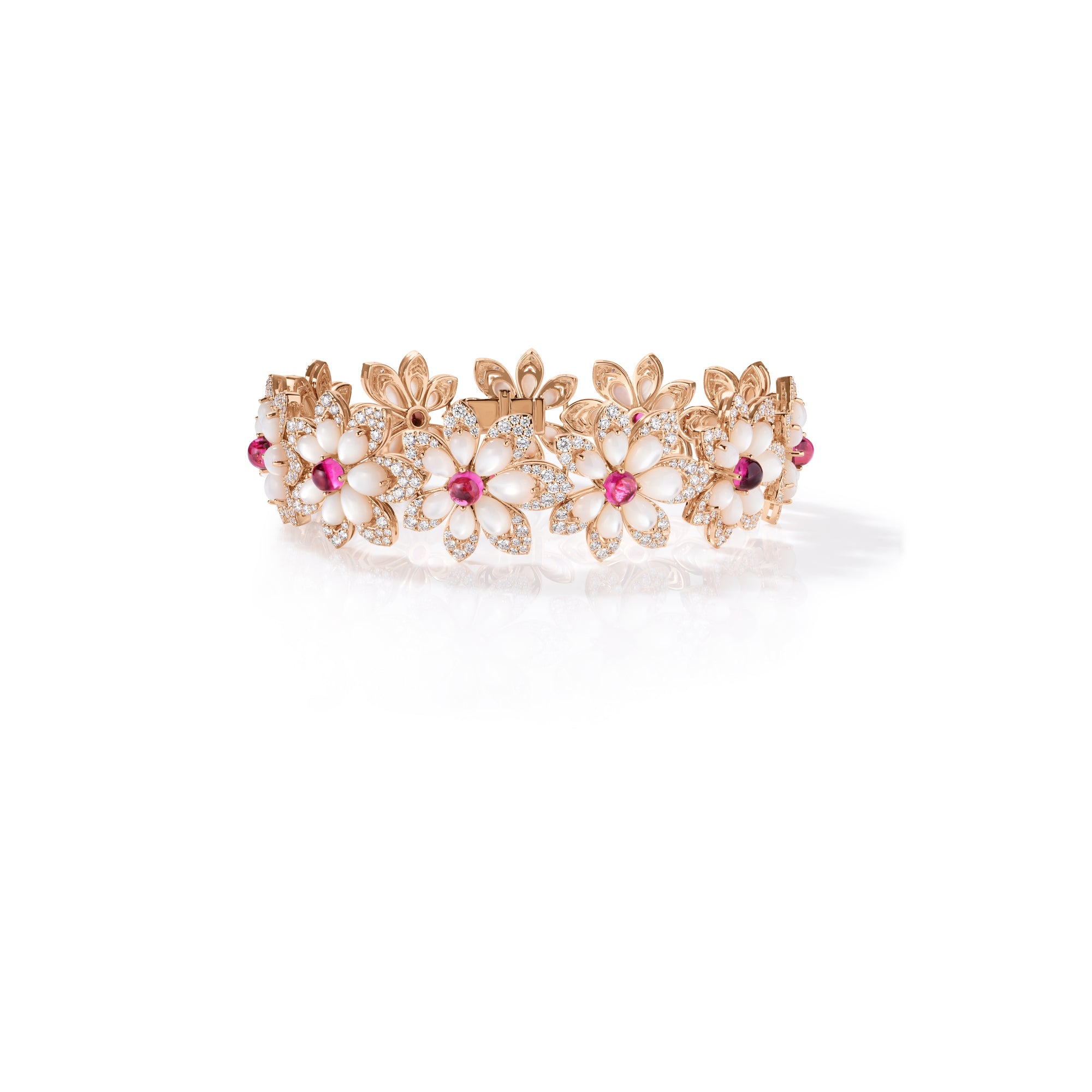 18K ROSE GOLD TIARE' DIAMOND, RUBELLITE, & MOTHER OF PEARL FLOWER BRACELET