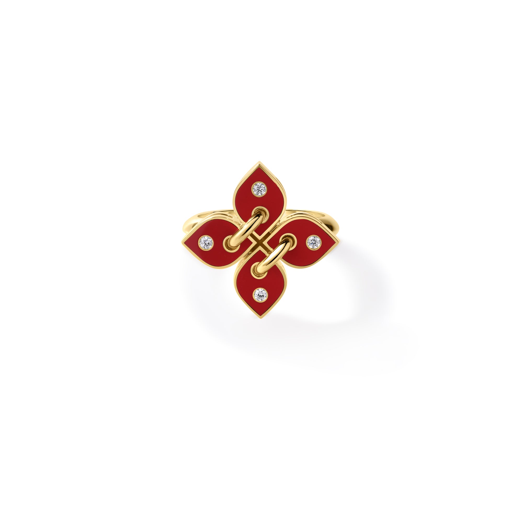 18K YELLOW GOLD LOVE IN VERONA FILO SMALL DIAMOND & CORAL ENAMEL FLOWER RING