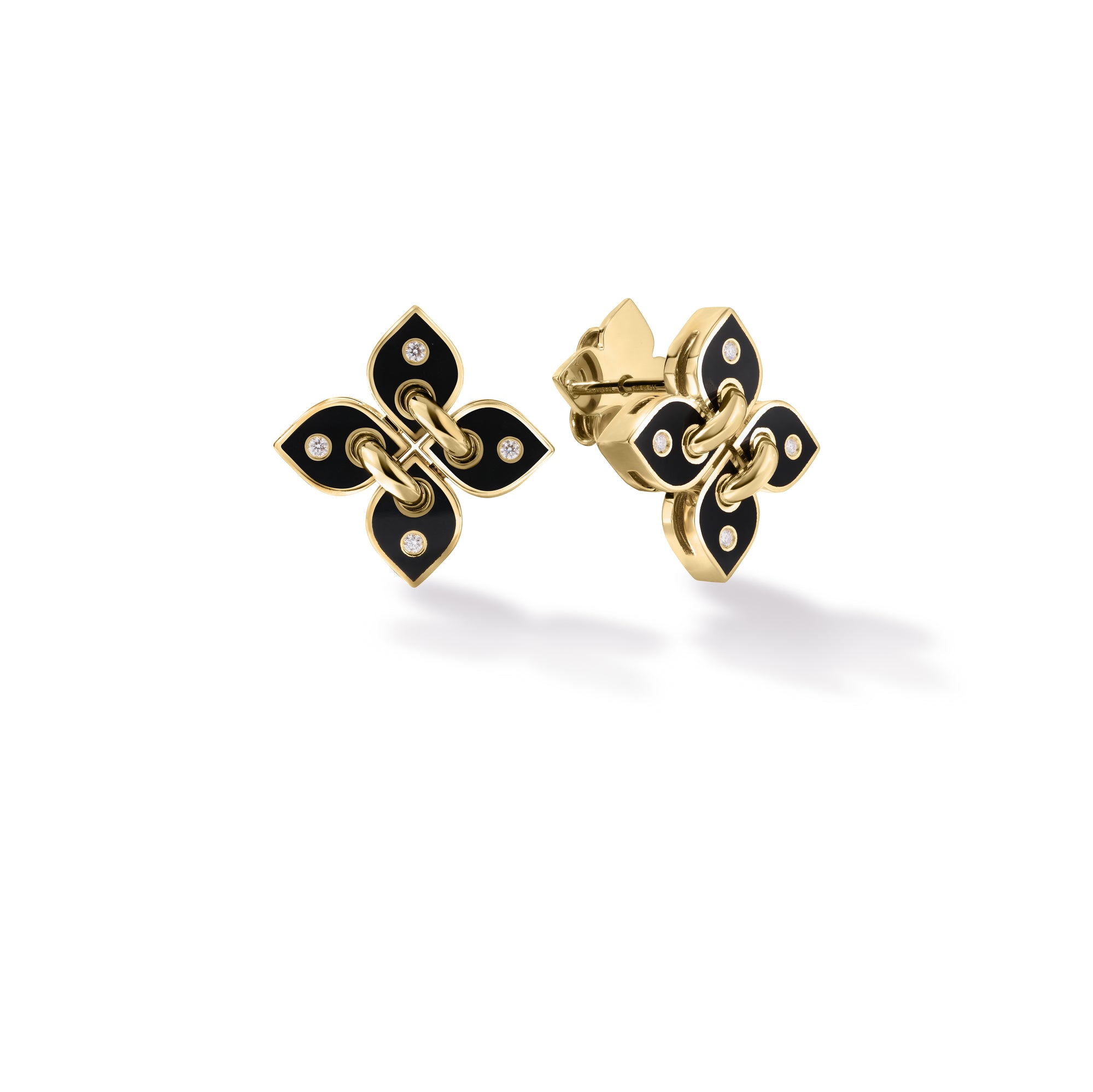 18K YELLOW GOLD LOVE IN VERONA FILO SMALL DIAMOND & BLACK ENAMEL FLOWER STUD EARRINGS
