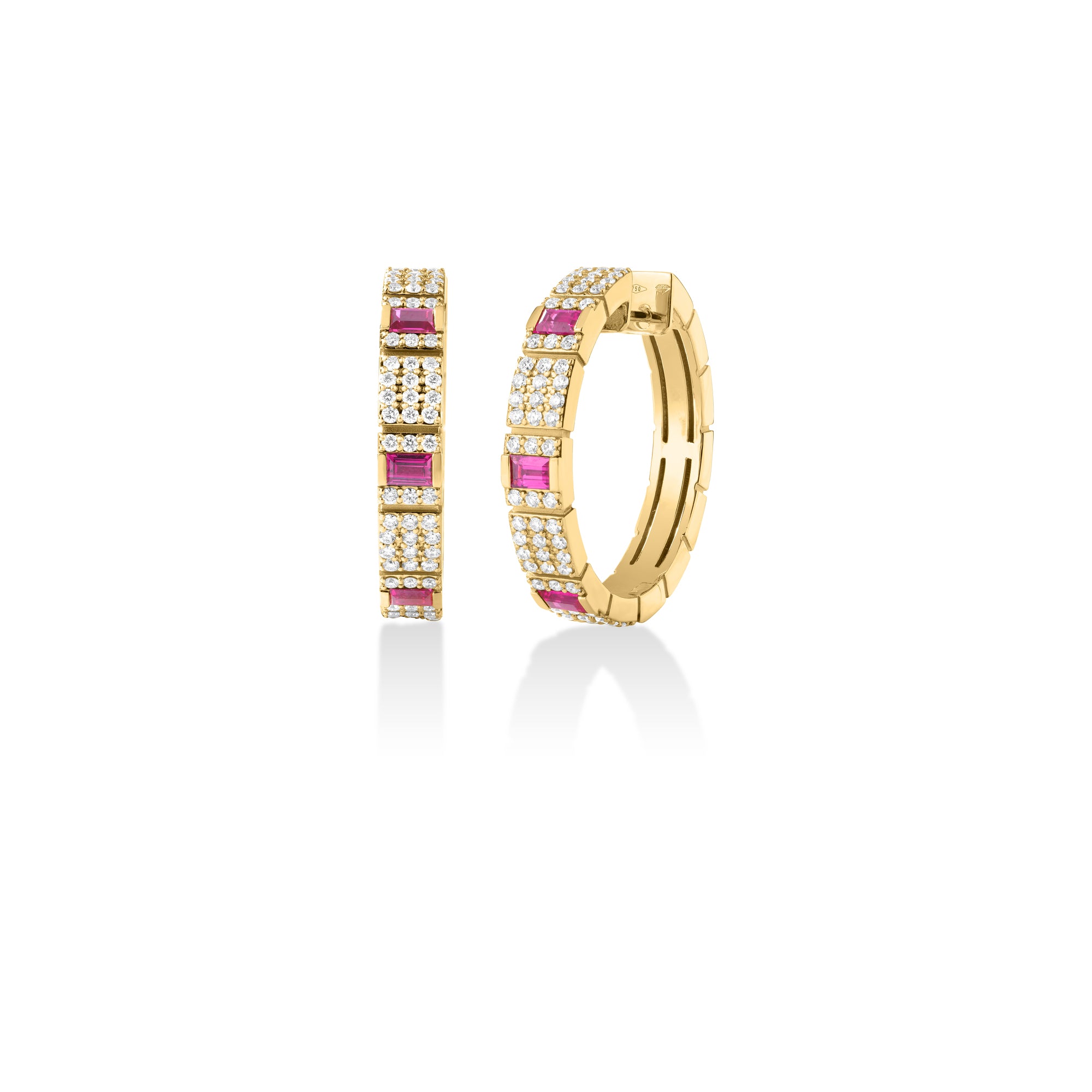 18K YELLOW GOLD OBELISCO PAVE DIAMOND & RUBY HOOP EARRINGS