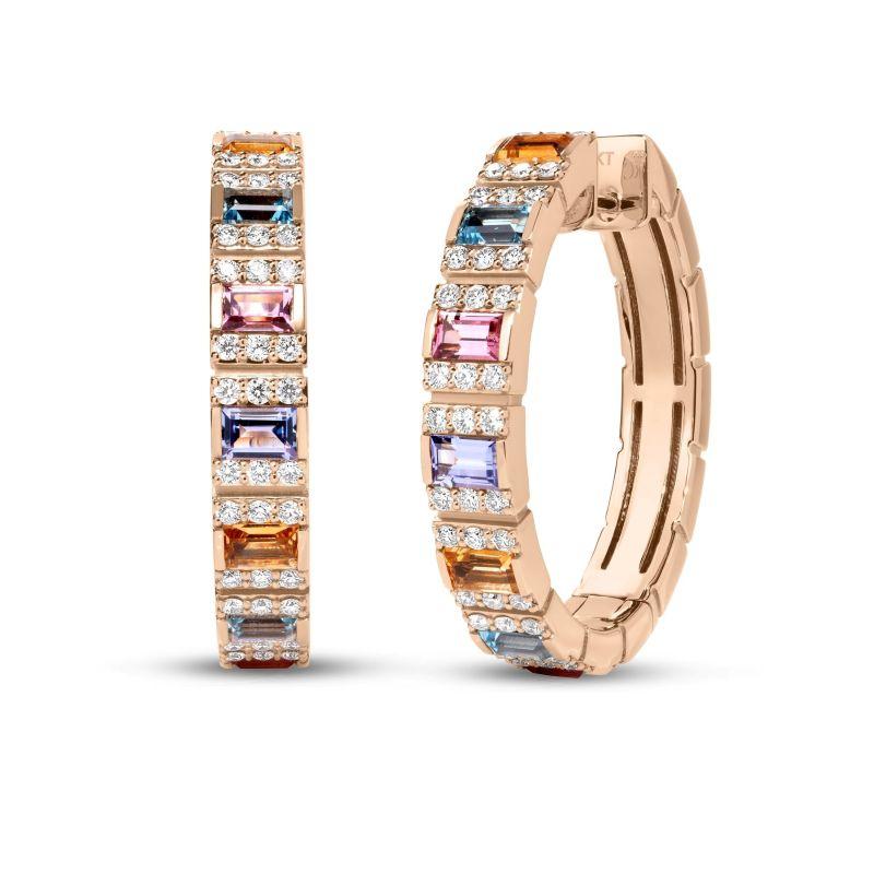 18K ROSE GOLD OBELISCO PAVE DIAMOND & MIXED STONES (BLUE TOPAZ, CITRINE, RUBELLITE, & TANZANITE) HOOP EARRINGS