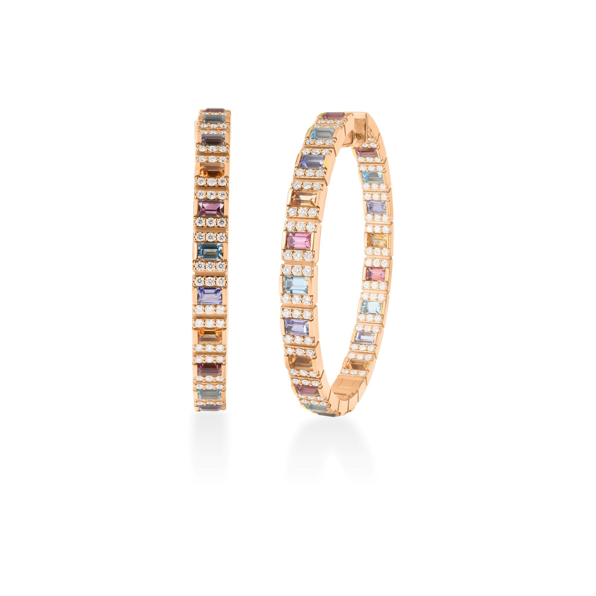 18K ROSE GOLD OBELISCO PAVE DIAMOND & MIXED STONES (BLUE TOPAZ, CITRINE, RUBELLITE, & TANZANITE) HOOP EARRINGS