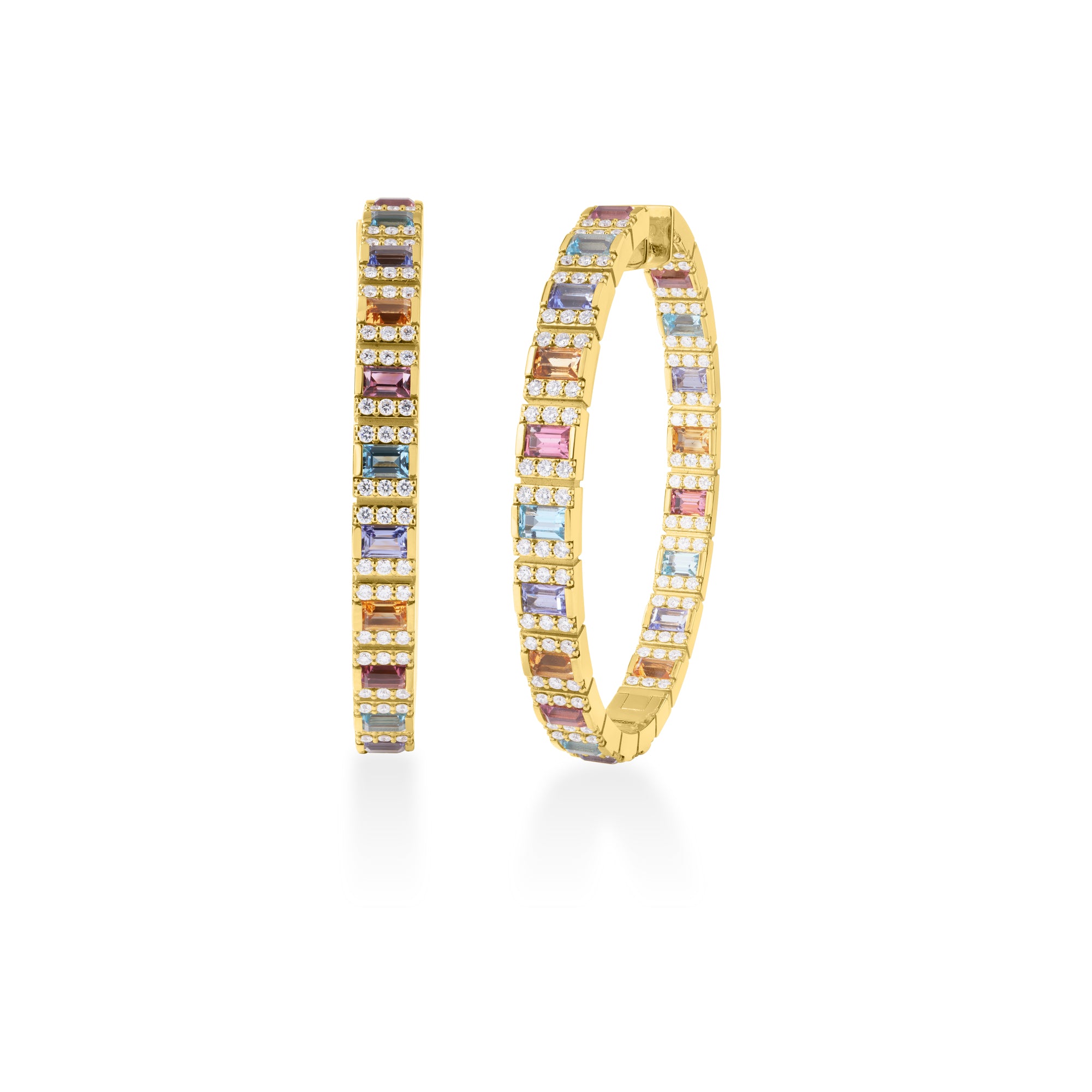 18K YELLOW GOLD OBELISCO PAVE DIAMOND & MIXED STONES HOOP EARRINGS