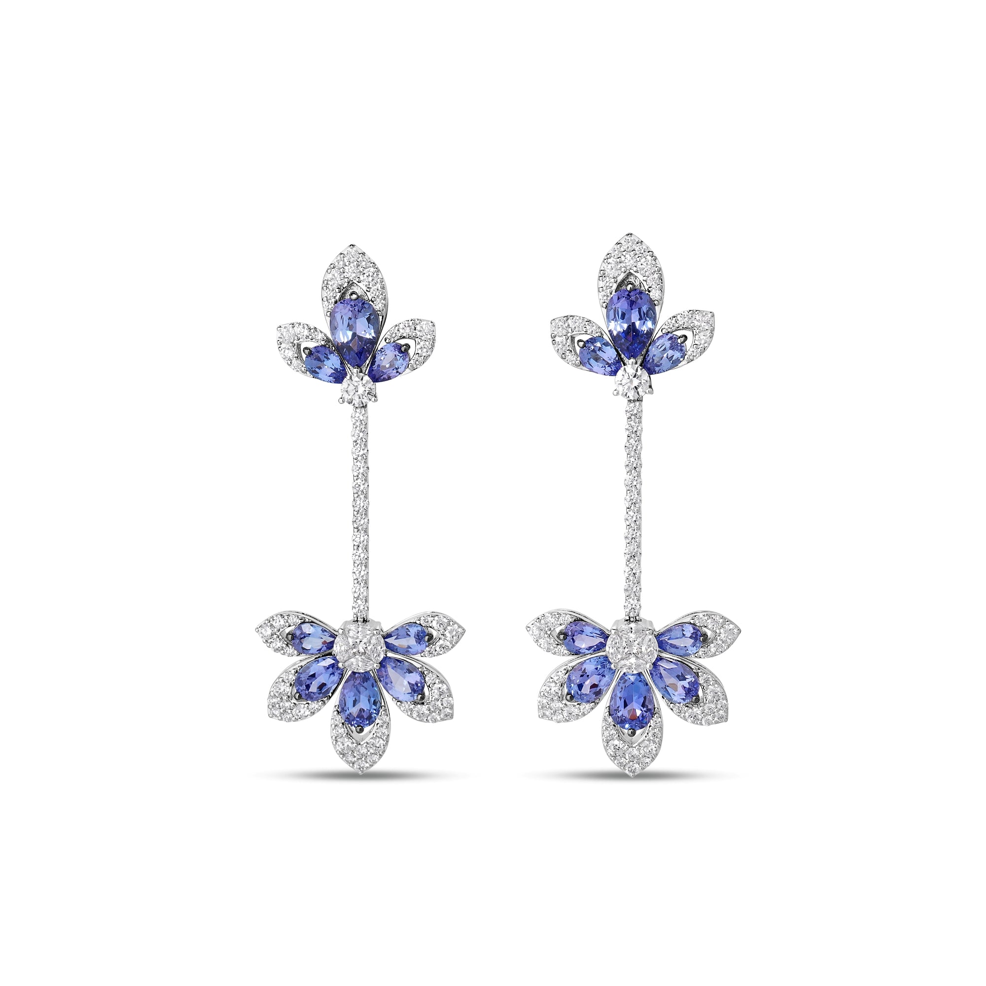 18K WHITE GOLD TIARE PAVE DIAMOND AND TANZANITE FLOWER DROP EARRINGS