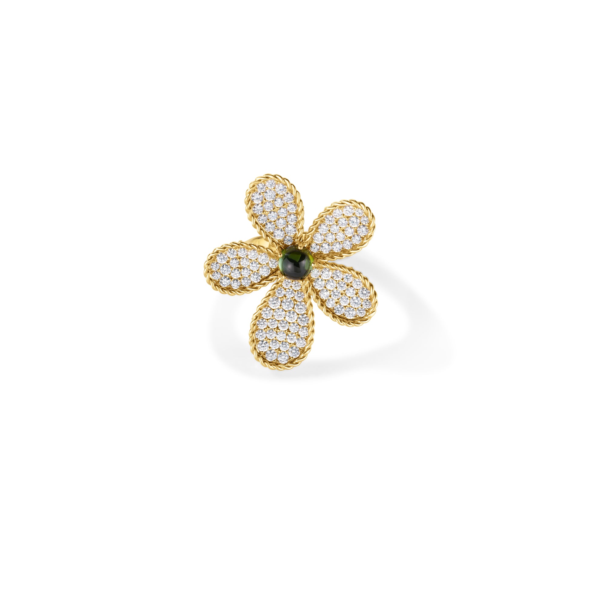 18K YELLOW GOLD JASMINE PAVE DIAMOND & GREEN TOURMALINE FLOWER RING